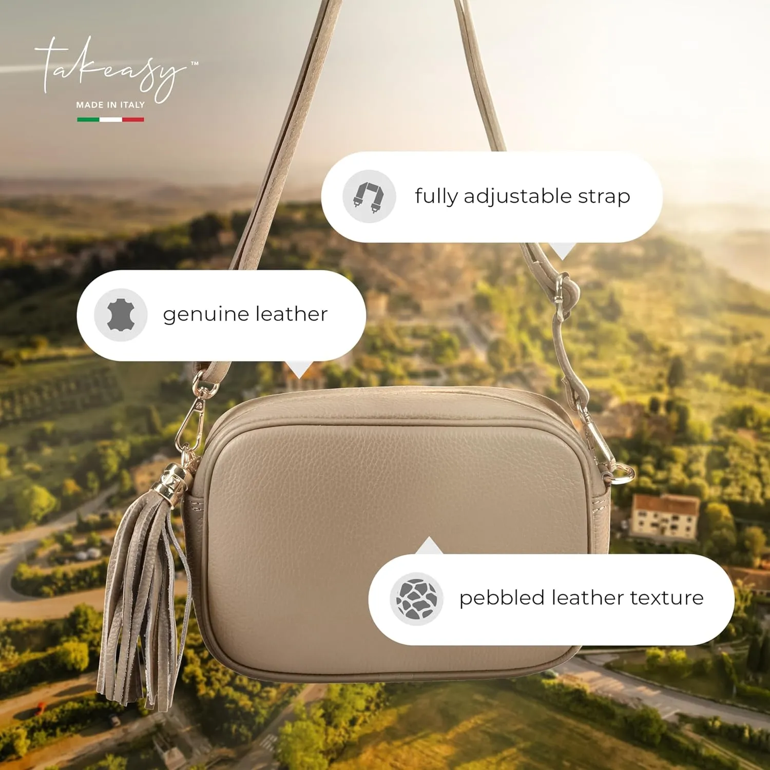 Italian Genuine Calf Leather Crossbody Bag for Women with Zip Strap Tassel | Small Camera Purse Shoulder Handbag Pocketbook