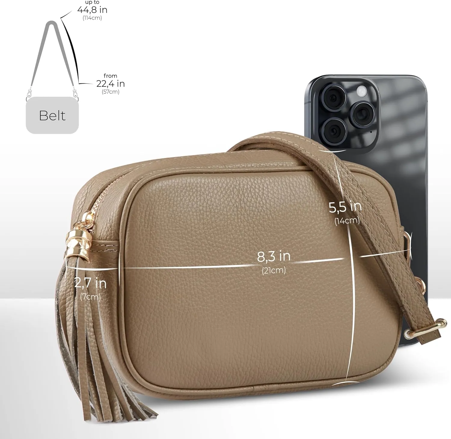 Italian Genuine Calf Leather Crossbody Bag for Women with Zip Strap Tassel | Small Camera Purse Shoulder Handbag Pocketbook