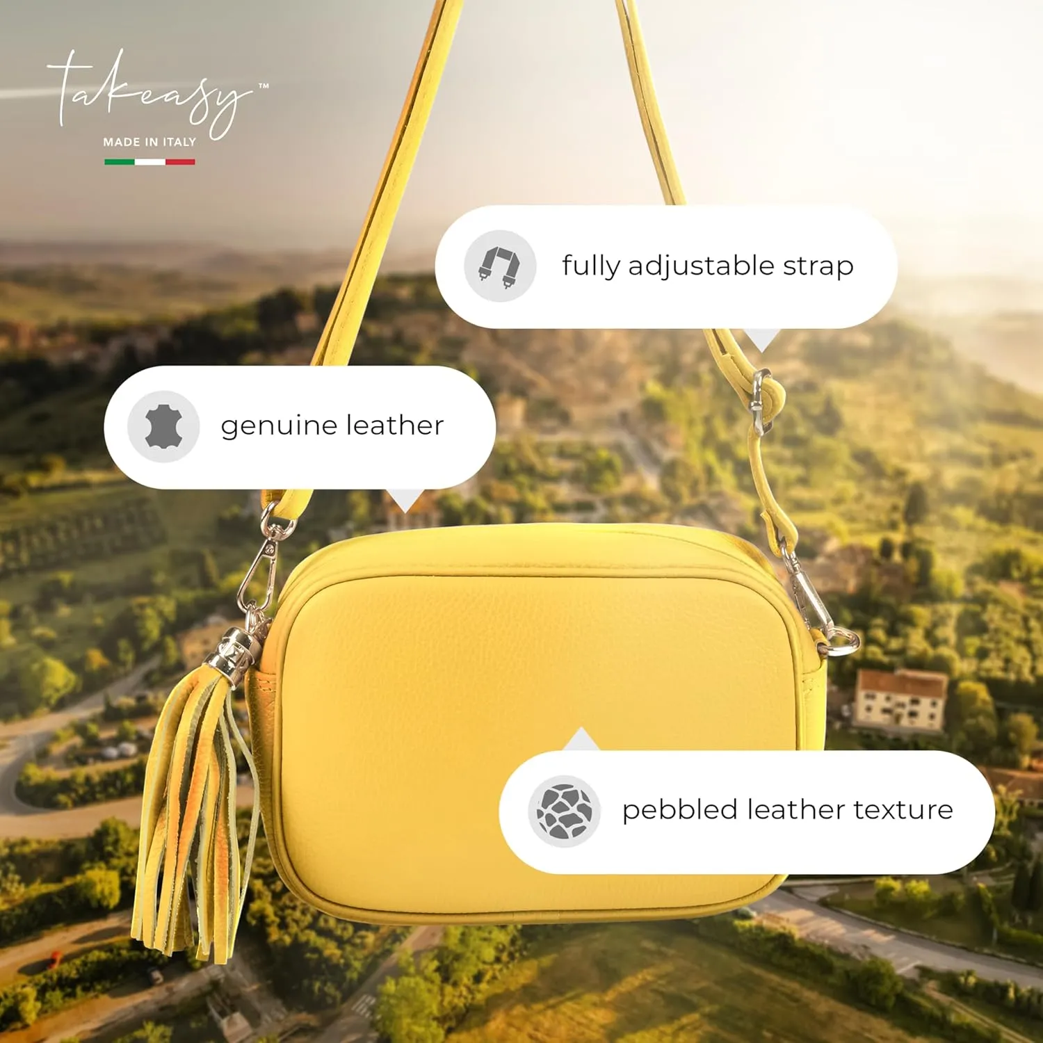 Italian Genuine Calf Leather Crossbody Bag for Women with Zip Strap Tassel | Small Camera Purse Shoulder Handbag Pocketbook