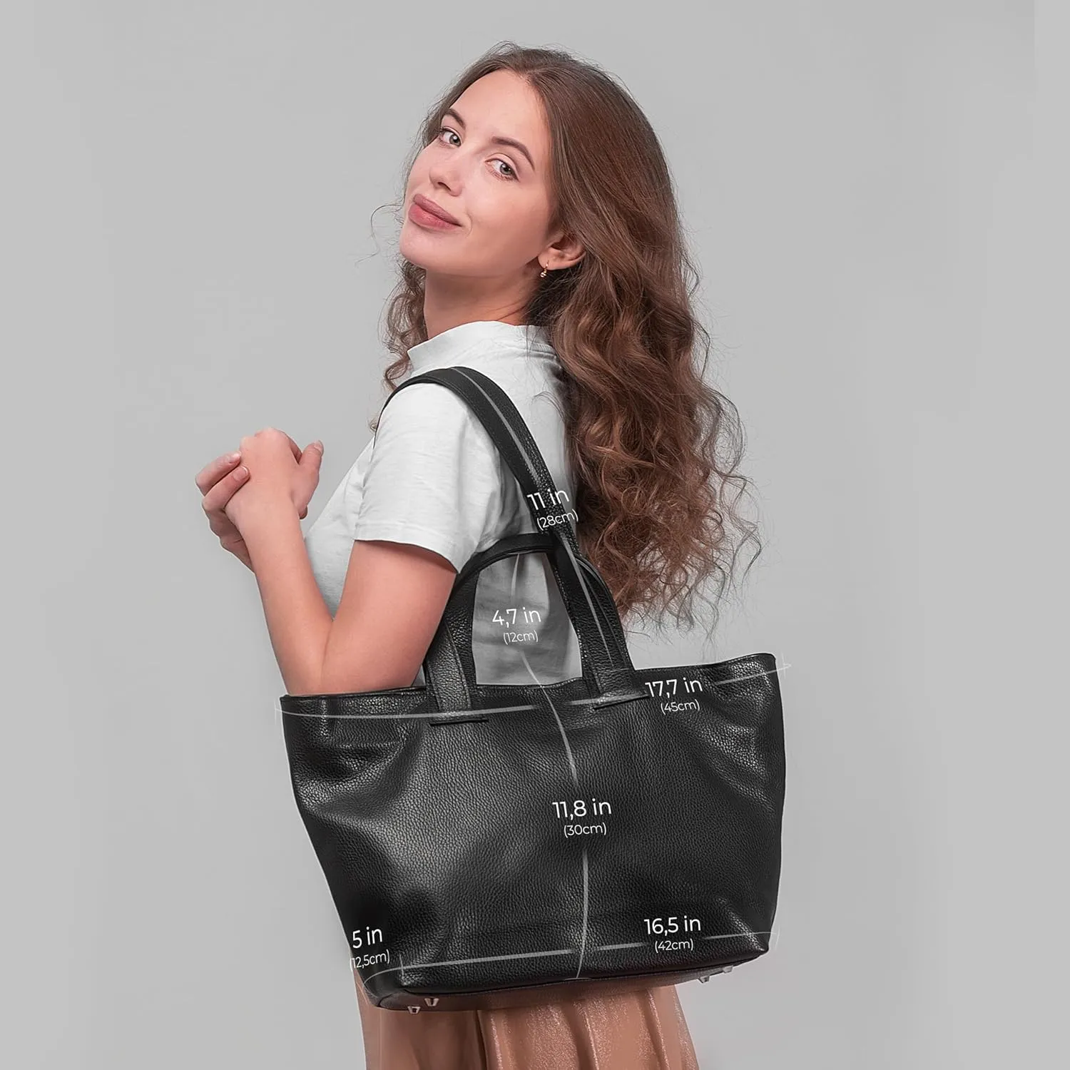 Italian Genuine Calf Leather Tote Satchel Bag for Women with Zipper & Double Straps | Wide Large Work Laptop Shoulder Handbag