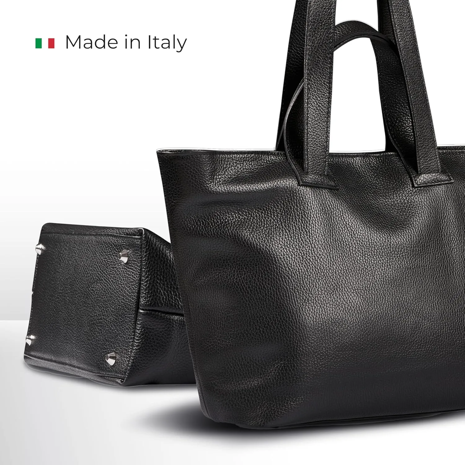 Italian Genuine Calf Leather Tote Satchel Bag for Women with Zipper & Double Straps | Wide Large Work Laptop Shoulder Handbag