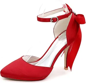 Ivory Satin Bridal Wedding Shoes for Women High Heels Buckle Kitten Heels Closed Toe Comfortable Ankle Strap Round Toe Pumps(Red,3 UK)