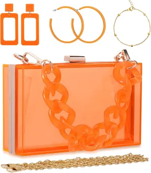 Jadive 4 Pcs Women Acrylic Hand Purse Clear Clutch Evening Bag Retro Earring Bracelet Jewelry Set Neon Vintage Wedding Gift