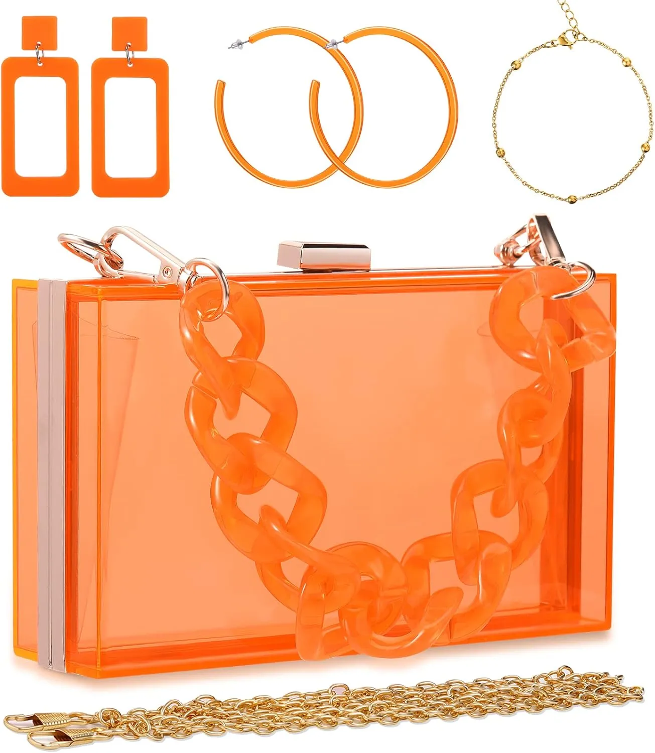 Jadive 4 Pcs Women Acrylic Hand Purse Clear Clutch Evening Bag Retro Earring Bracelet Jewelry Set Neon Vintage Wedding Gift