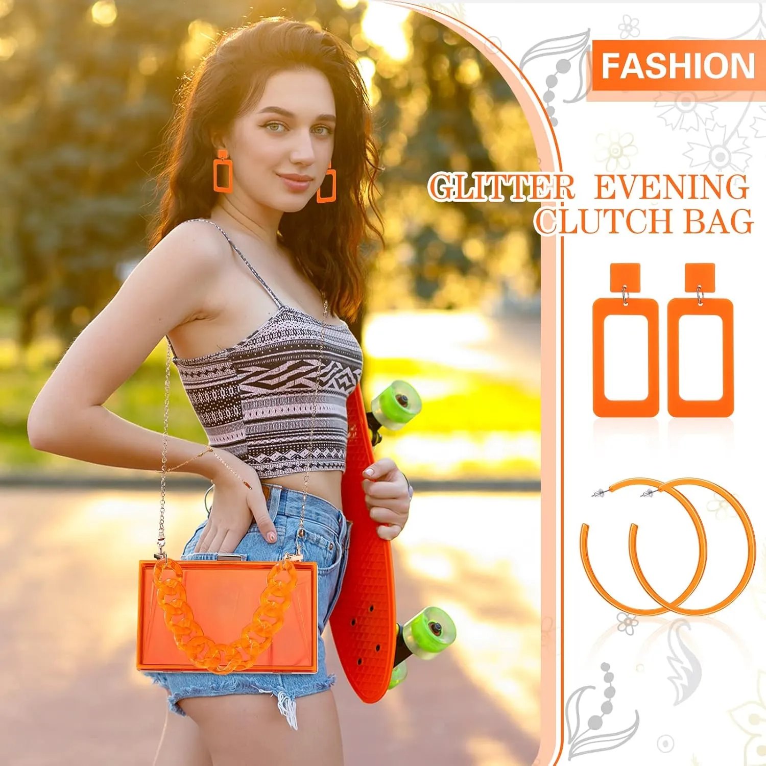 Jadive 4 Pcs Women Acrylic Hand Purse Clear Clutch Evening Bag Retro Earring Bracelet Jewelry Set Neon Vintage Wedding Gift