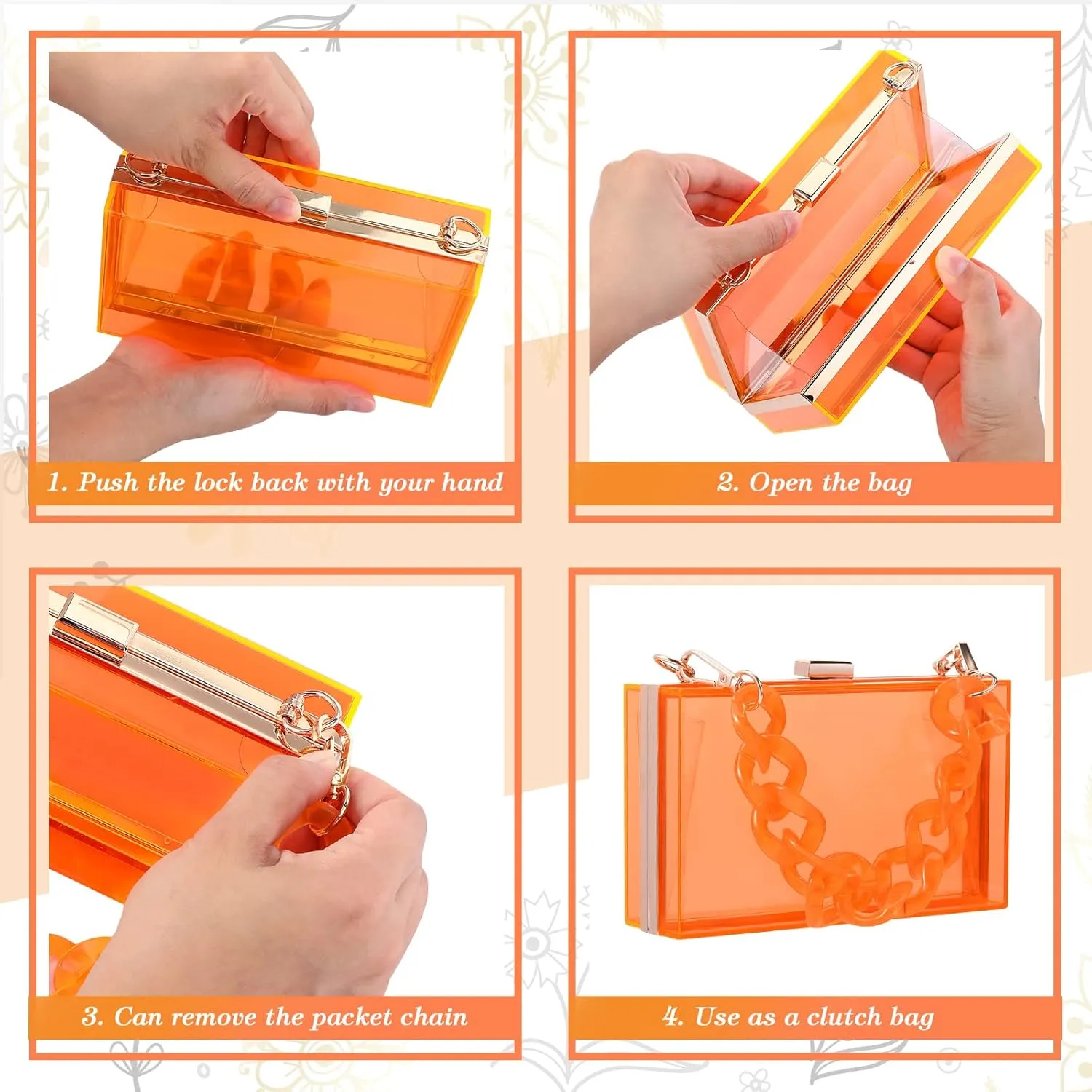 Jadive 4 Pcs Women Acrylic Hand Purse Clear Clutch Evening Bag Retro Earring Bracelet Jewelry Set Neon Vintage Wedding Gift