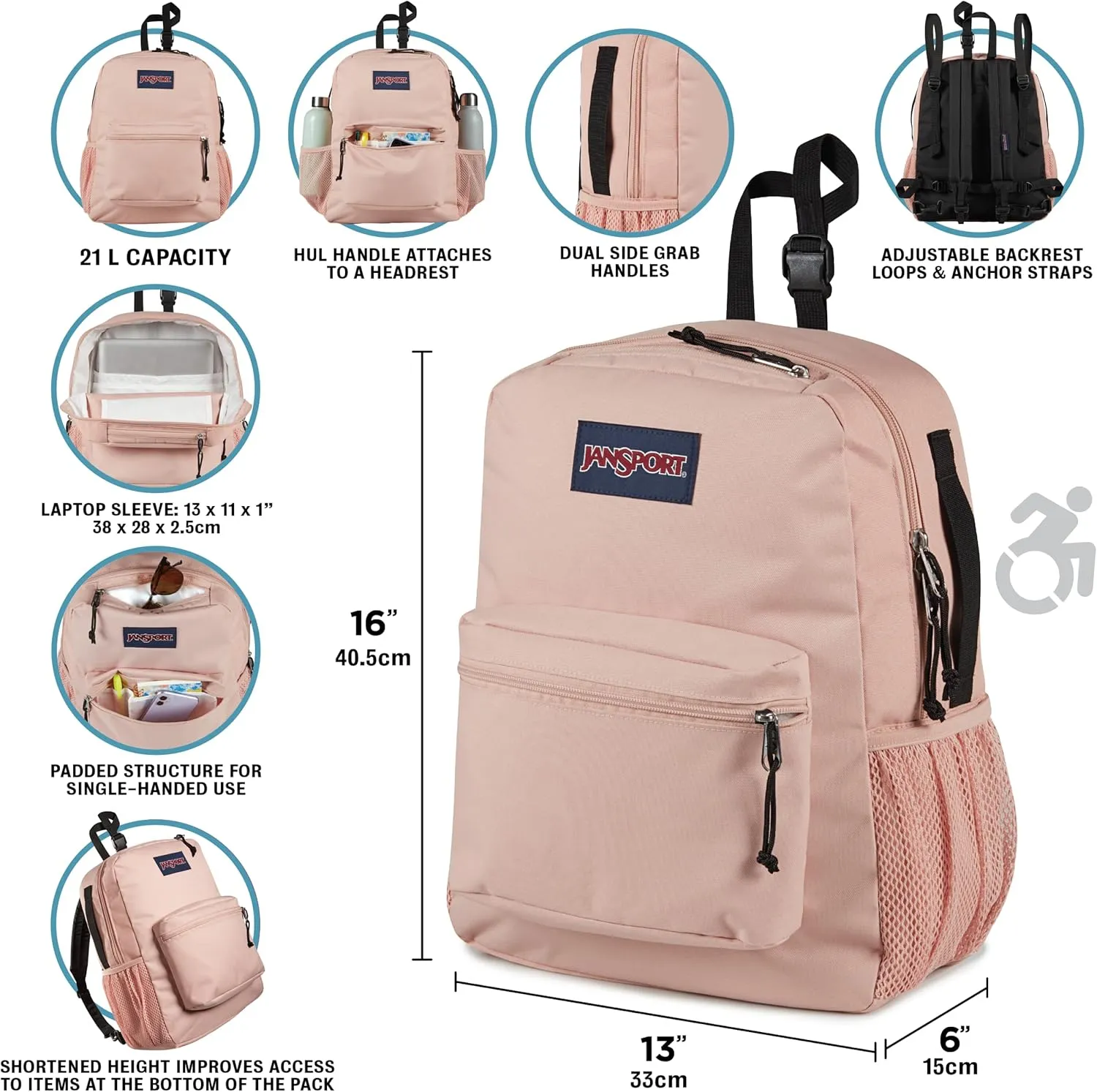 JanSport Central Adaptive Backpack – Wheelchair & Walker Compatible, Tuck-Away Shoulder Straps, Adjustable Backrest Loops & Anchor Straps, Iconic Design, Bad Bows