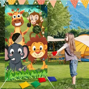 Jeffbaubl Animals Toss Game Banner with 8 Bean Bags,Wild Animals Throwing Game,Bean Bag Toss Games Outdoor Games Set for Yard Lawn Game Photo Background Jungle Animals Theme Party Supplies