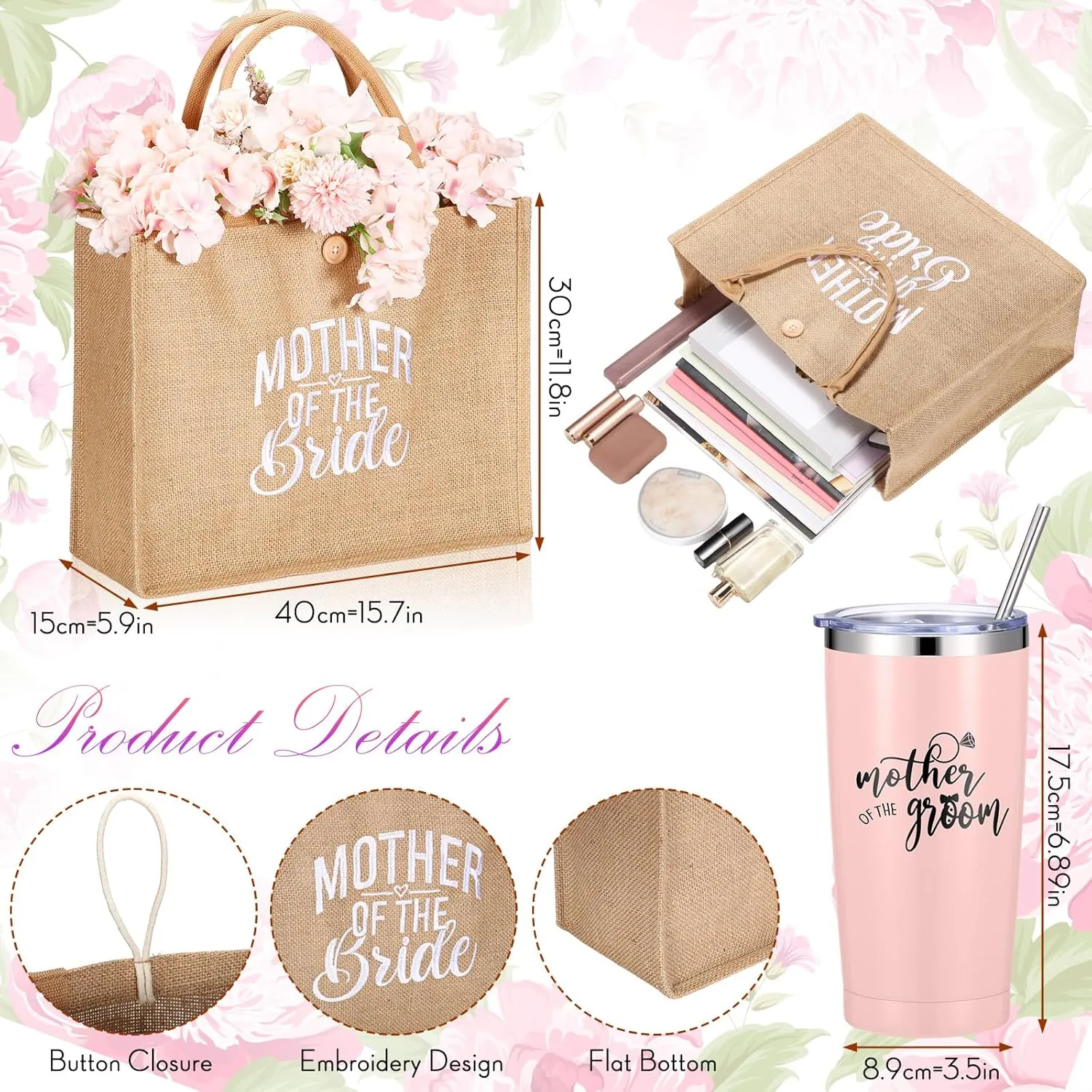 Jeyiour 6 Pcs Mother of Bride and Groom Gift Set Mother of the Groom Satin Robes Mother of the Bride Tote Bag 20 oz Stainless Steel Mug Tumblers for Engagement Wedding Bridal Party (Pink)