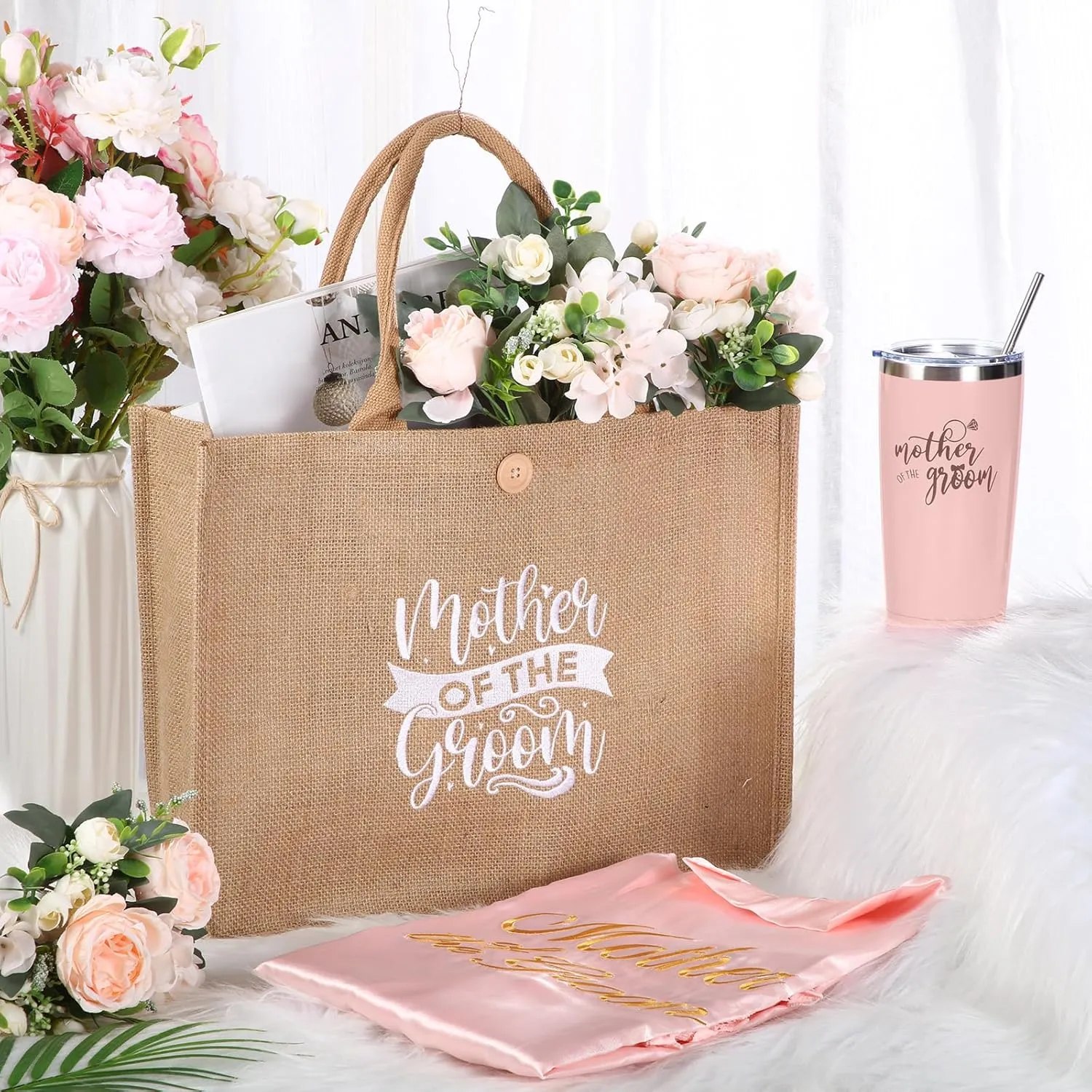 Jeyiour 6 Pcs Mother of Bride and Groom Gift Set Mother of the Groom Satin Robes Mother of the Bride Tote Bag 20 oz Stainless Steel Mug Tumblers for Engagement Wedding Bridal Party (Pink)