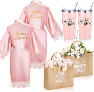 Jeyiour 6 Pcs Mother of Bride and Groom Gift Set Mother of the Groom Satin Robes Mother of the Bride Tote Bag 20 oz Stainless Steel Mug Tumblers for Engagement Wedding Bridal Party (Pink)
