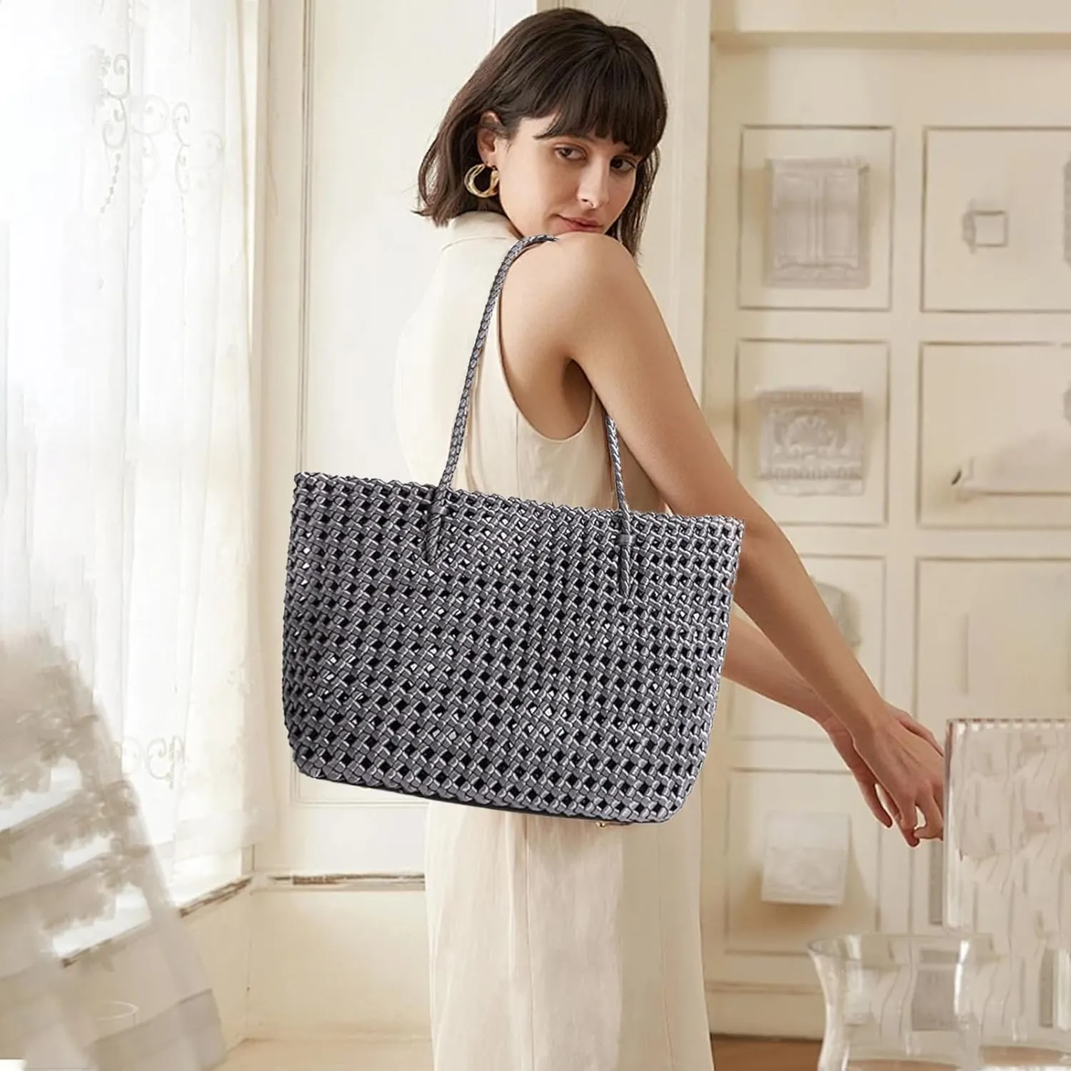 JINMANXUE Woven Tote Bag For Women,Travel Shoulder Bag, Large Hollow Beach Soft Satin Handbags Hand-woven Satchel Clutch