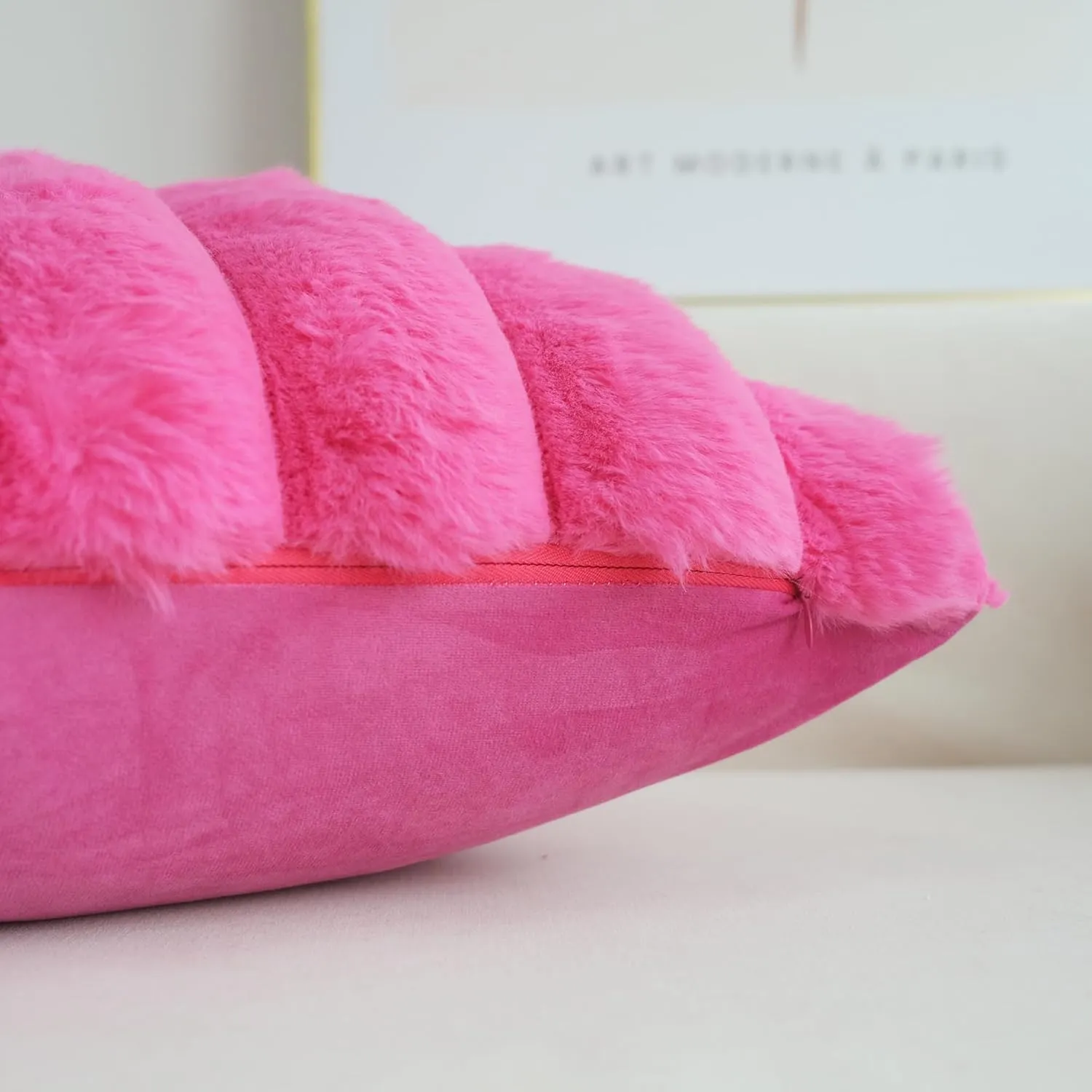 JOJUSIS Pack of 2 Faux Fur Plush Decorative Throw Pillow Covers Couch Cushion Case Soft Fluffy Pillowcases Wide Stripe (Hot Pink, 18 x 18 Inch)