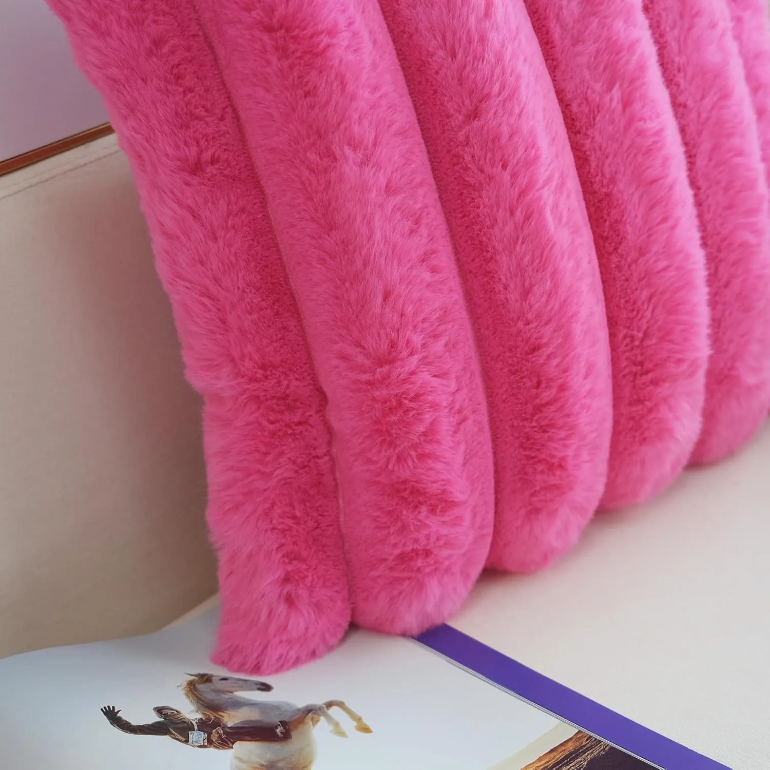 JOJUSIS Pack of 2 Faux Fur Plush Decorative Throw Pillow Covers Couch Cushion Case Soft Fluffy Pillowcases Wide Stripe (Hot Pink, 18 x 18 Inch)