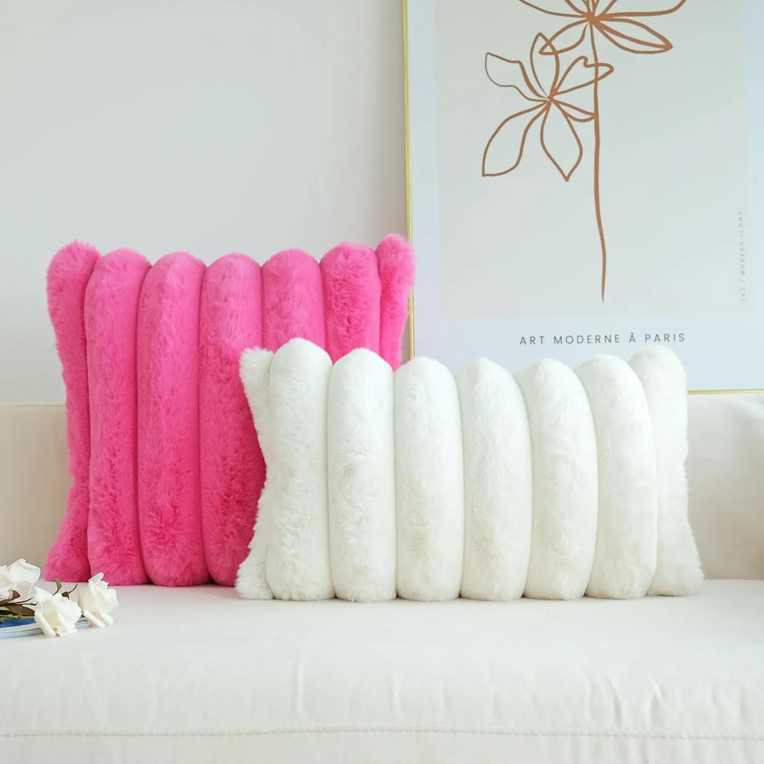 JOJUSIS Pack of 2 Faux Fur Plush Decorative Throw Pillow Covers Couch Cushion Case Soft Fluffy Pillowcases Wide Stripe (Hot Pink, 18 x 18 Inch)