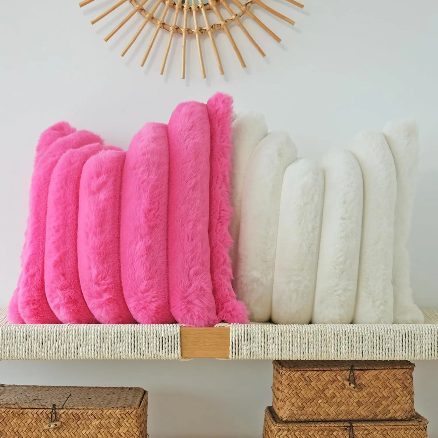 JOJUSIS Pack of 2 Faux Fur Plush Decorative Throw Pillow Covers Couch Cushion Case Soft Fluffy Pillowcases Wide Stripe (Hot Pink, 18 x 18 Inch)