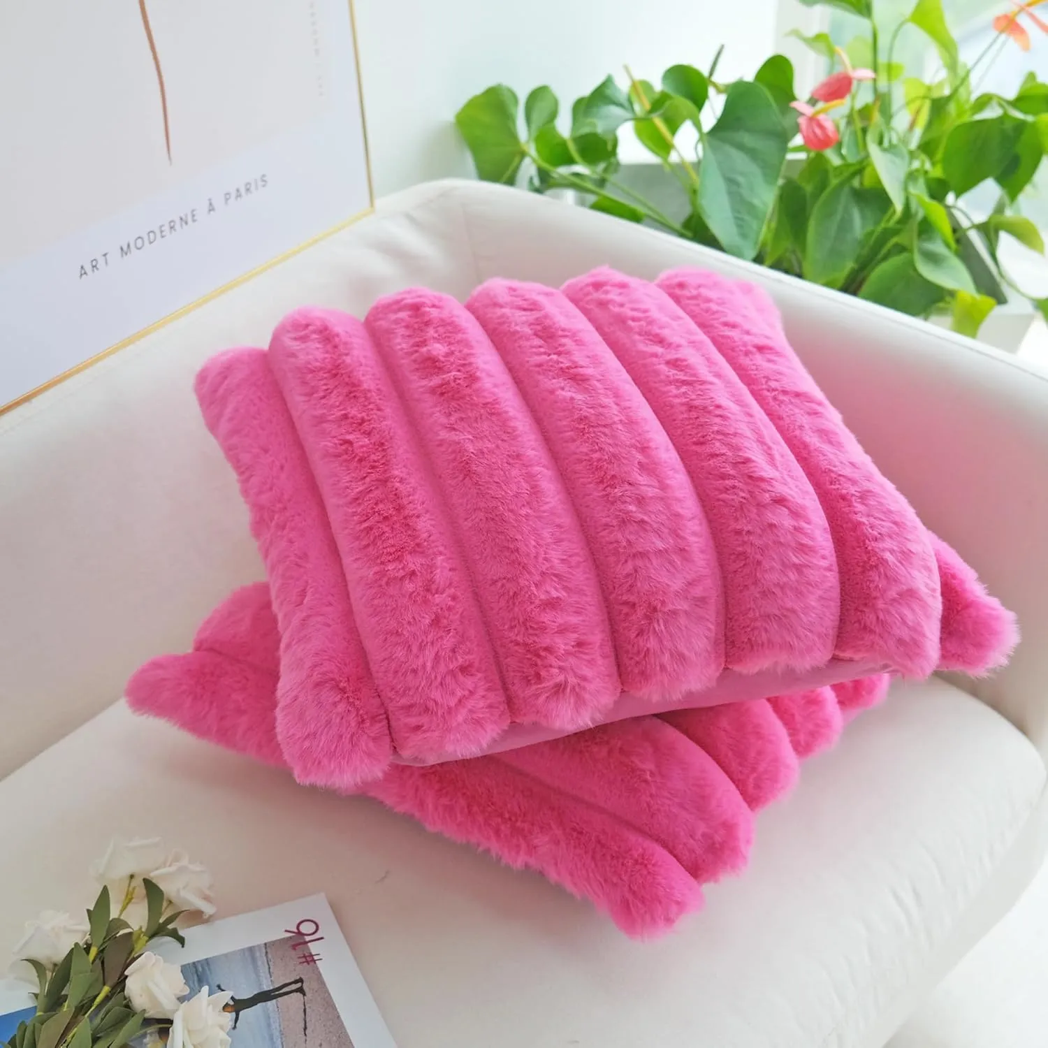 JOJUSIS Pack of 2 Faux Fur Plush Decorative Throw Pillow Covers Couch Cushion Case Soft Fluffy Pillowcases Wide Stripe (Hot Pink, 18 x 18 Inch)