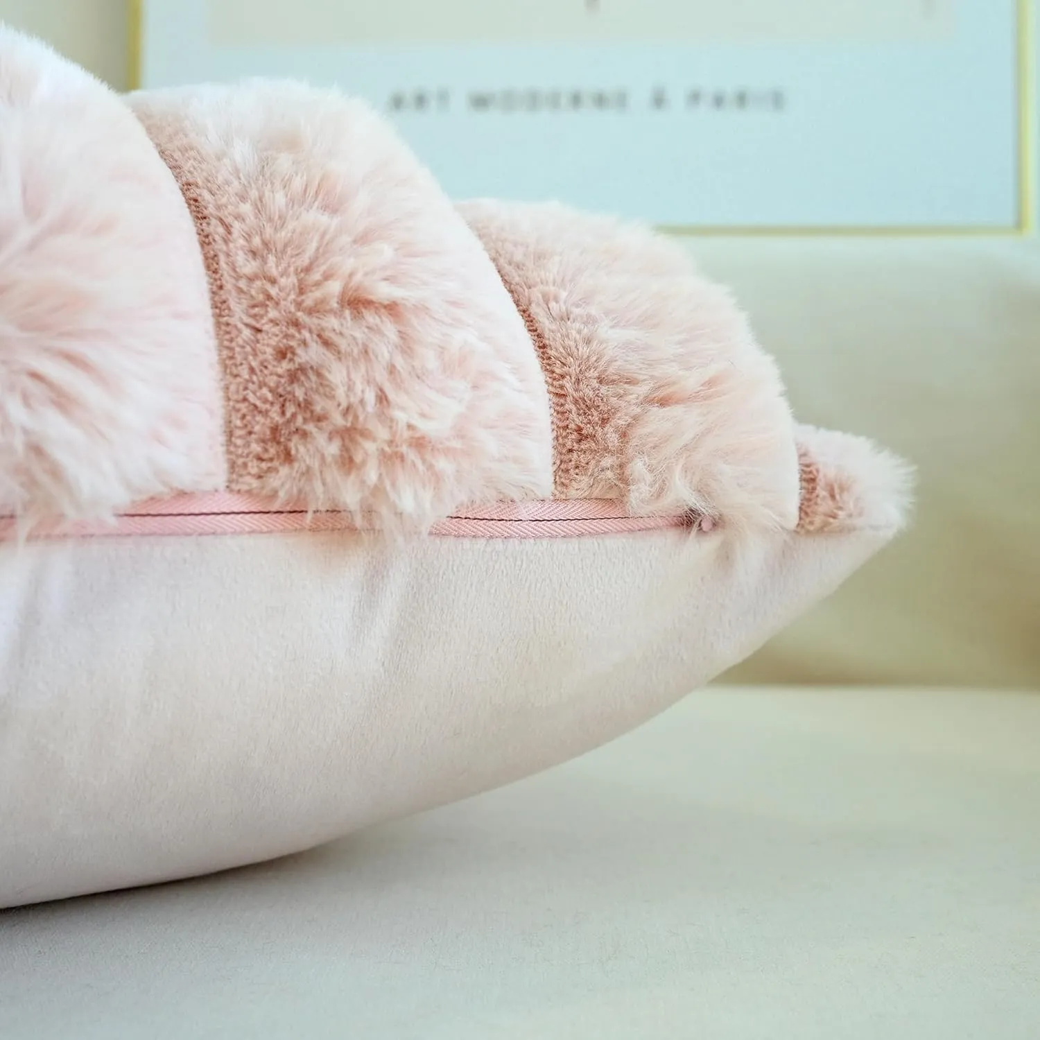 JOJUSIS Pack of 2 Faux Fur Plush Decorative Throw Pillow Covers Couch Cushion Case Soft Fluffy Pillowcases Wide Stripe (Pink, 18 x 18 Inch)