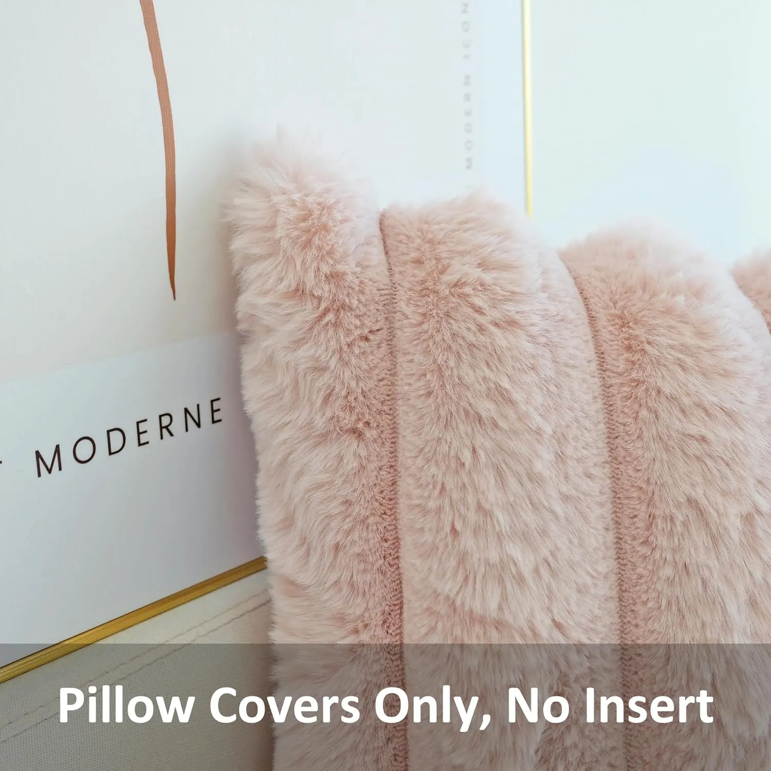 JOJUSIS Pack of 2 Faux Fur Plush Decorative Throw Pillow Covers Couch Cushion Case Soft Fluffy Pillowcases Wide Stripe (Pink, 18 x 18 Inch)