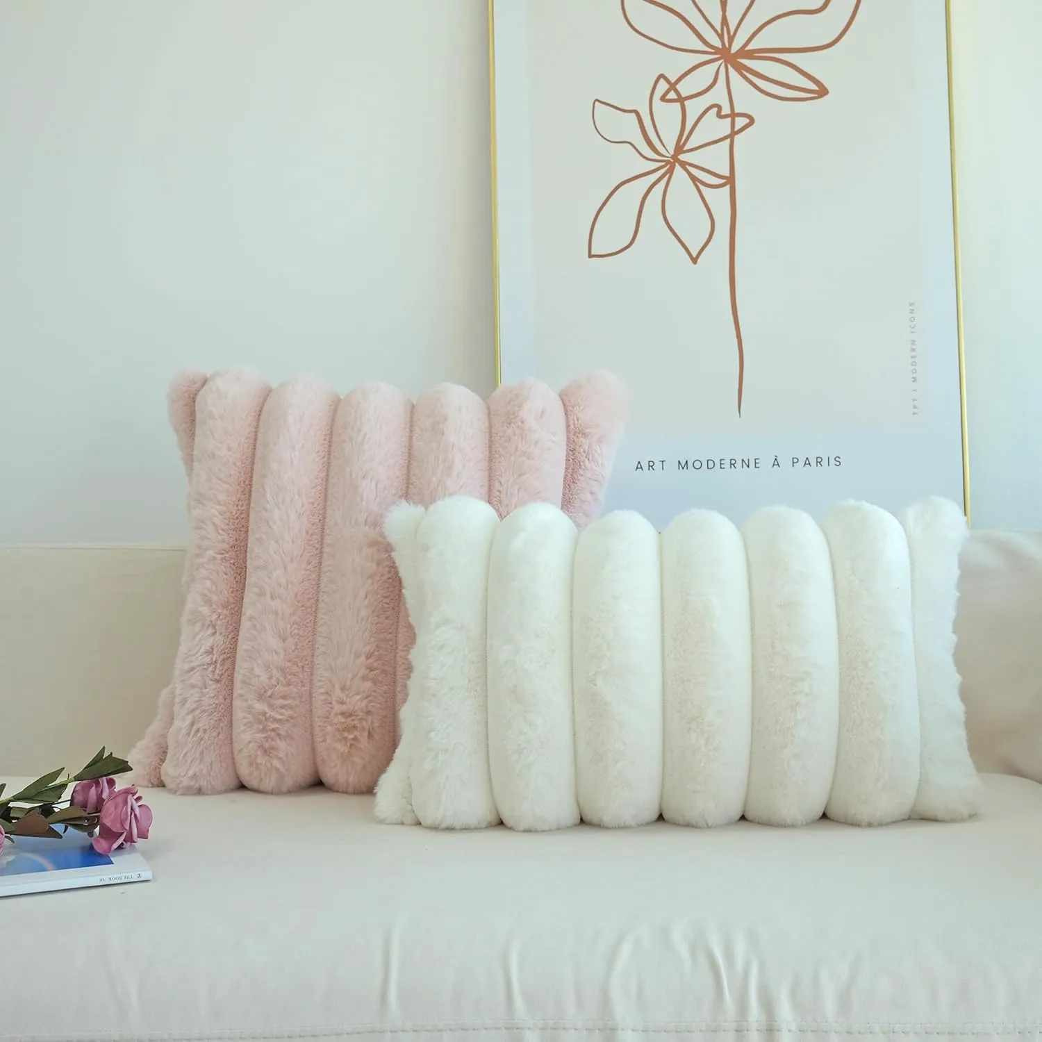 JOJUSIS Pack of 2 Faux Fur Plush Decorative Throw Pillow Covers Couch Cushion Case Soft Fluffy Pillowcases Wide Stripe (Pink, 18 x 18 Inch)