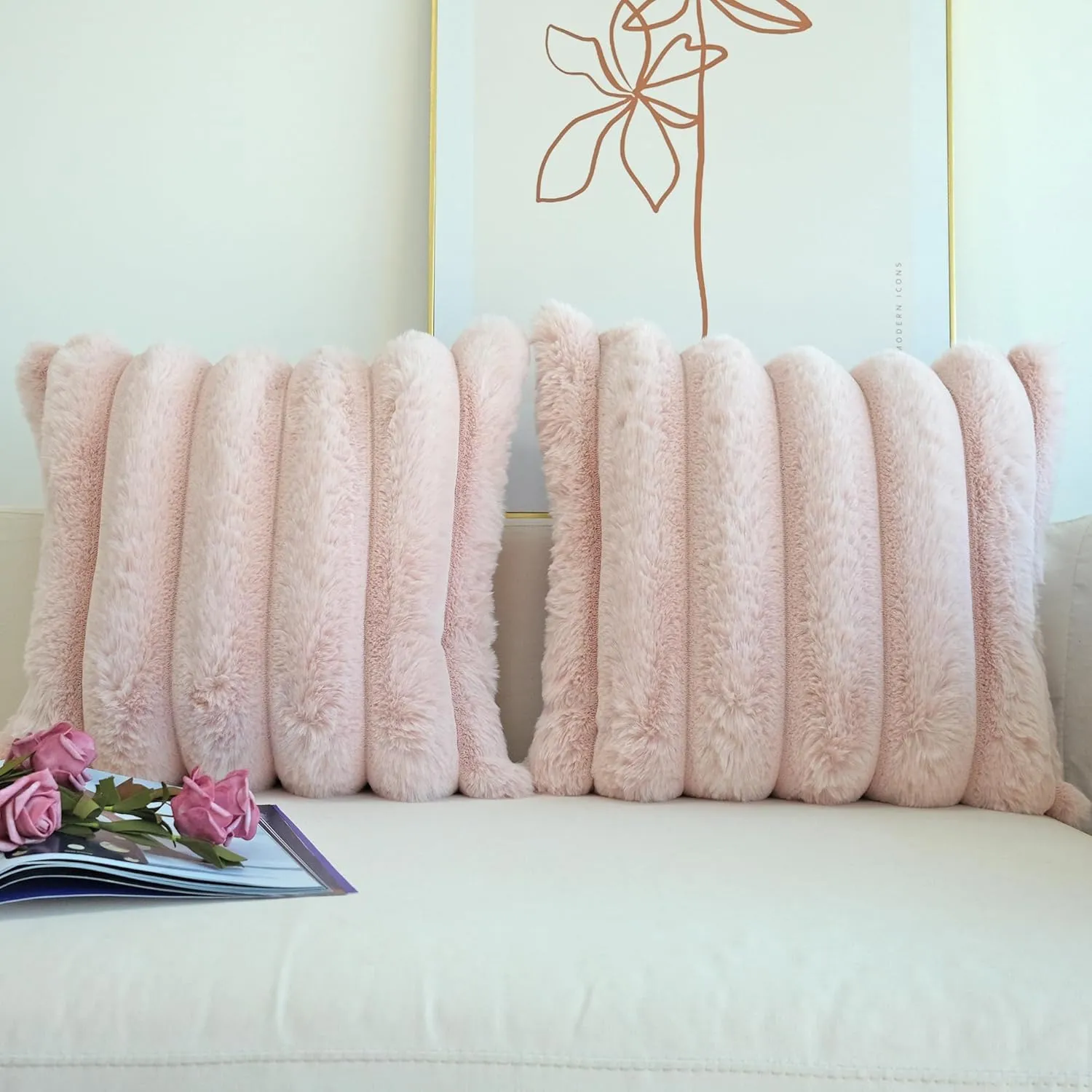 JOJUSIS Pack of 2 Faux Fur Plush Decorative Throw Pillow Covers Couch Cushion Case Soft Fluffy Pillowcases Wide Stripe (Pink, 18 x 18 Inch)