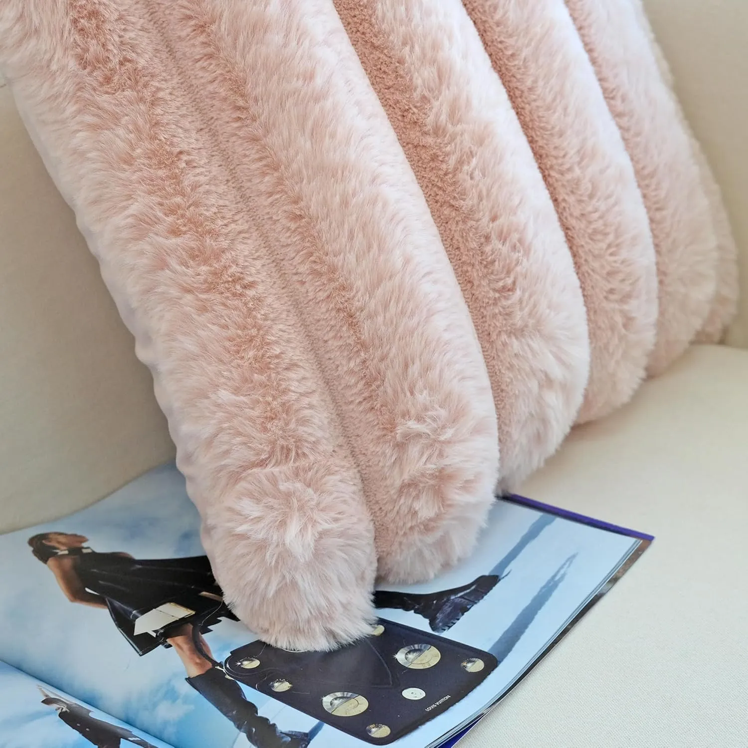JOJUSIS Pack of 2 Faux Fur Plush Decorative Throw Pillow Covers Couch Cushion Case Soft Fluffy Pillowcases Wide Stripe (Pink, 18 x 18 Inch)