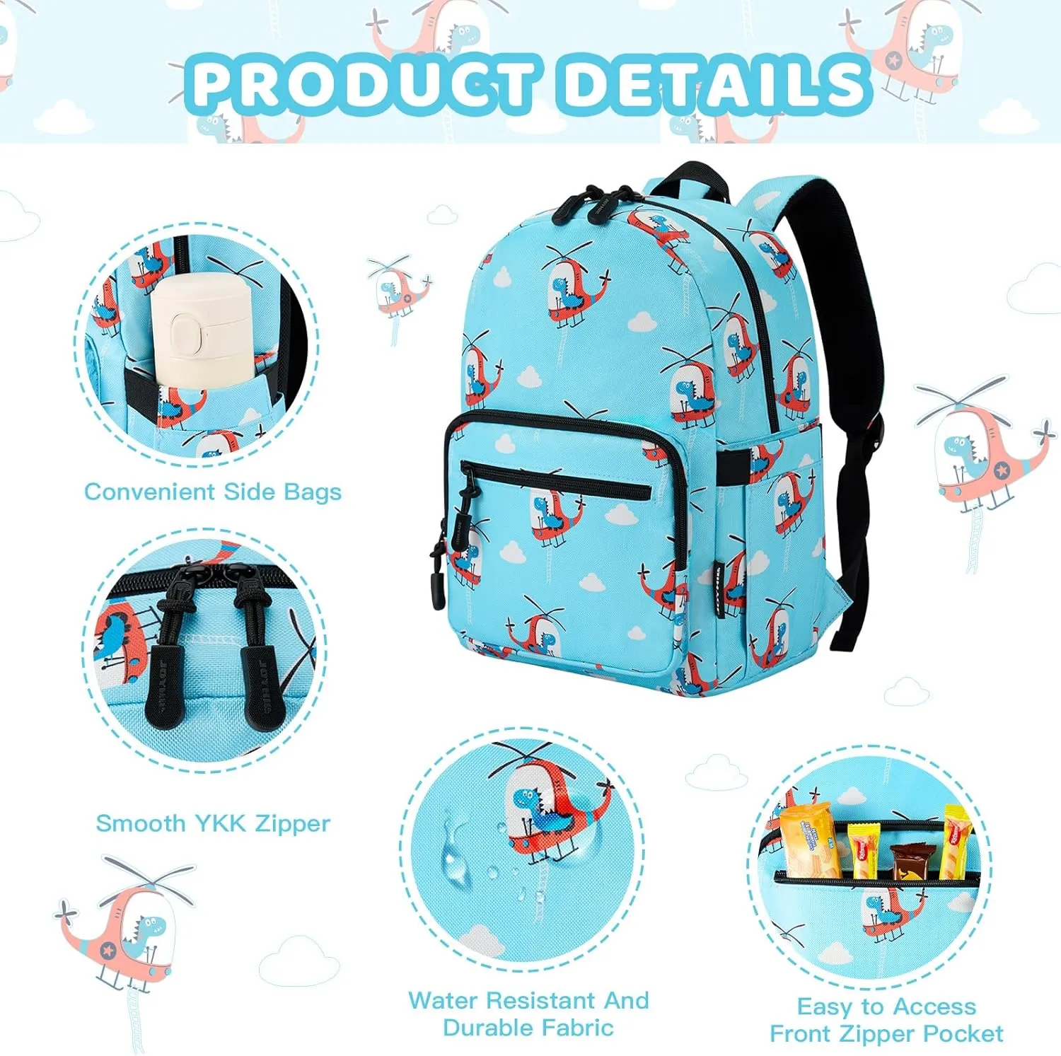JOYHILL Kids Backpacks, Cute Lightweight Water Resistant Preschool Backpack, Adjustable Shoulder Straps for Boys Girls (Helicopter)
