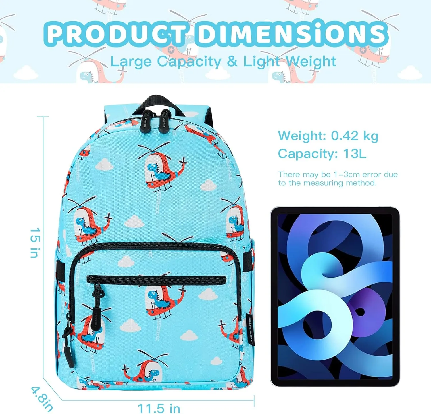 JOYHILL Kids Backpacks, Cute Lightweight Water Resistant Preschool Backpack, Adjustable Shoulder Straps for Boys Girls (Helicopter)