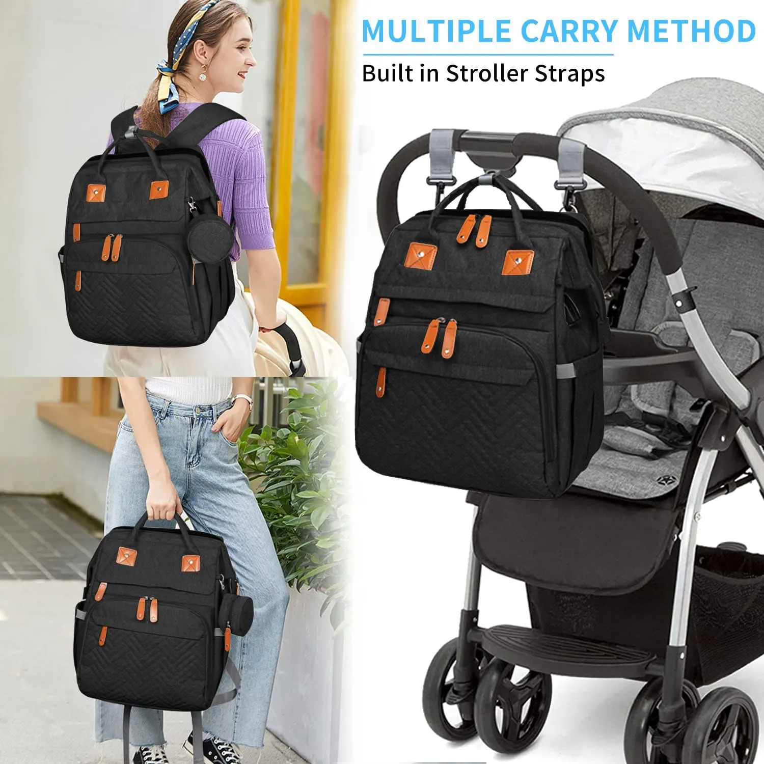 KABAQOO Diaper Bag Backpack, Large Baby Diaper Bags for Boys Girls, Baby Bag with USB Charging Port, Multifunction Waterproof Travel Back Pack for Moms Dads, Black-2s