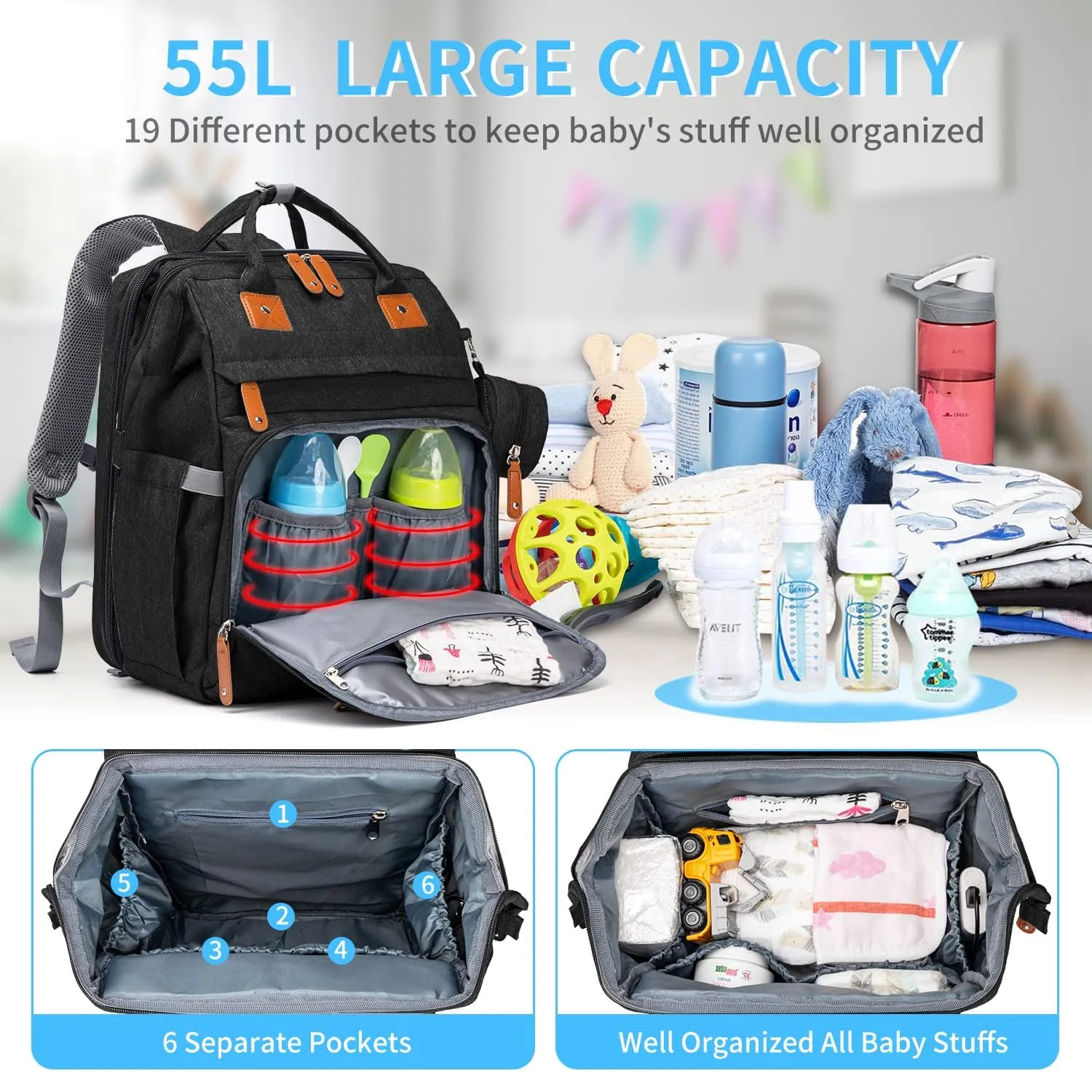 KABAQOO Diaper Bag Backpack, Large Baby Diaper Bags for Boys Girls, Baby Bag with USB Charging Port, Multifunction Waterproof Travel Back Pack for Moms Dads, Black-2s