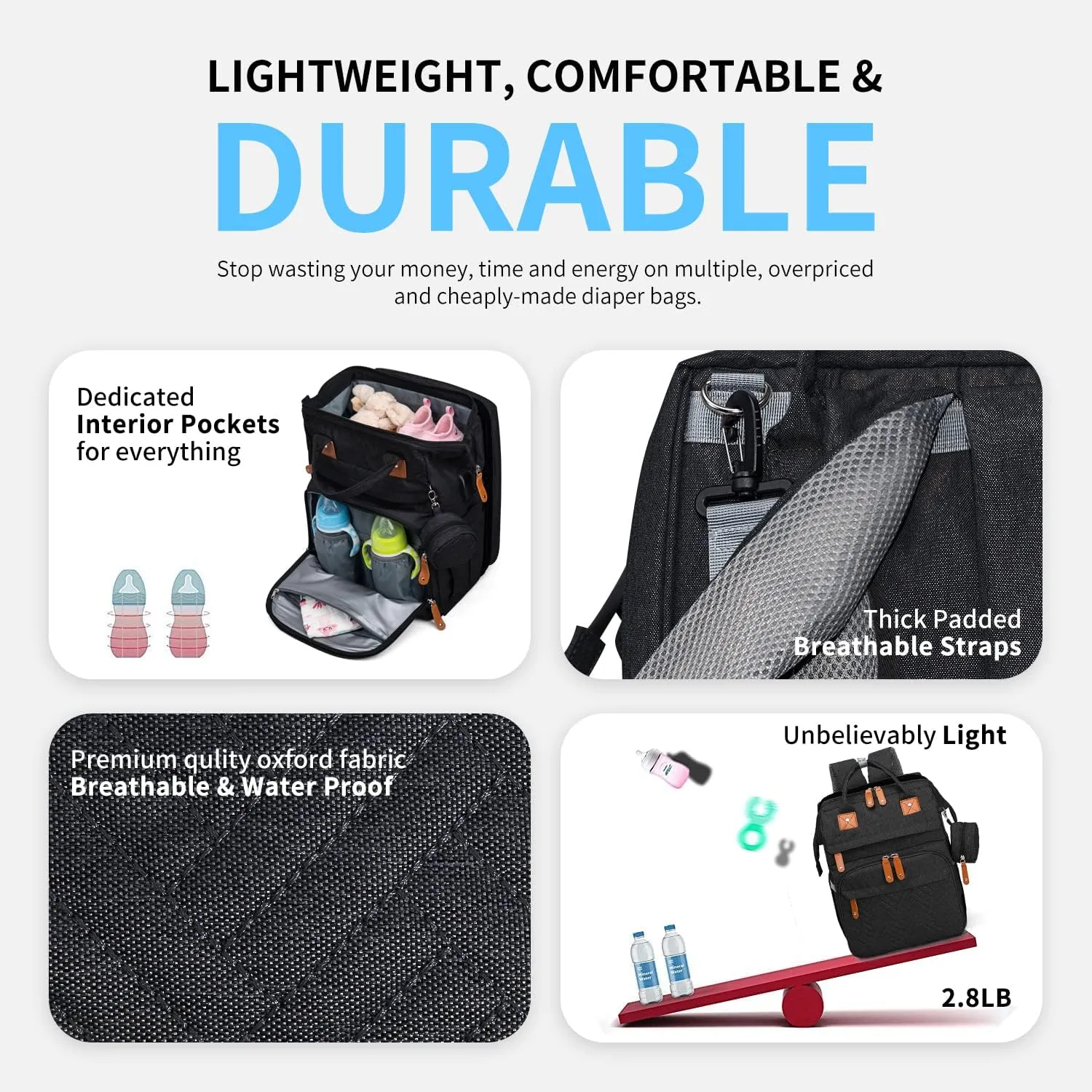KABAQOO Diaper Bag Backpack, Large Baby Diaper Bags for Boys Girls, Baby Bag with USB Charging Port, Multifunction Waterproof Travel Back Pack for Moms Dads, Black-2s