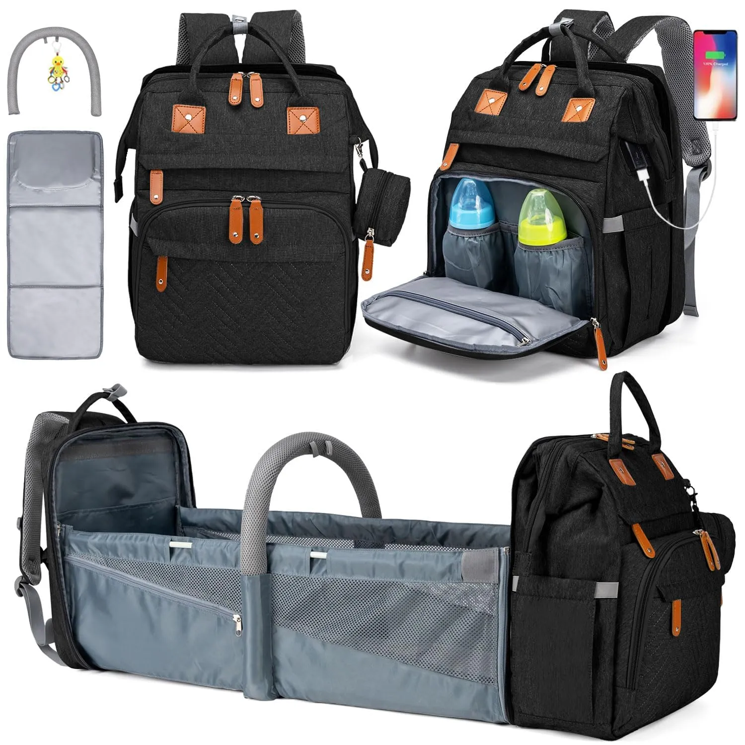 KABAQOO Diaper Bag Backpack, Large Baby Diaper Bags for Boys Girls, Baby Bag with USB Charging Port, Multifunction Waterproof Travel Back Pack for Moms Dads, Black-2s