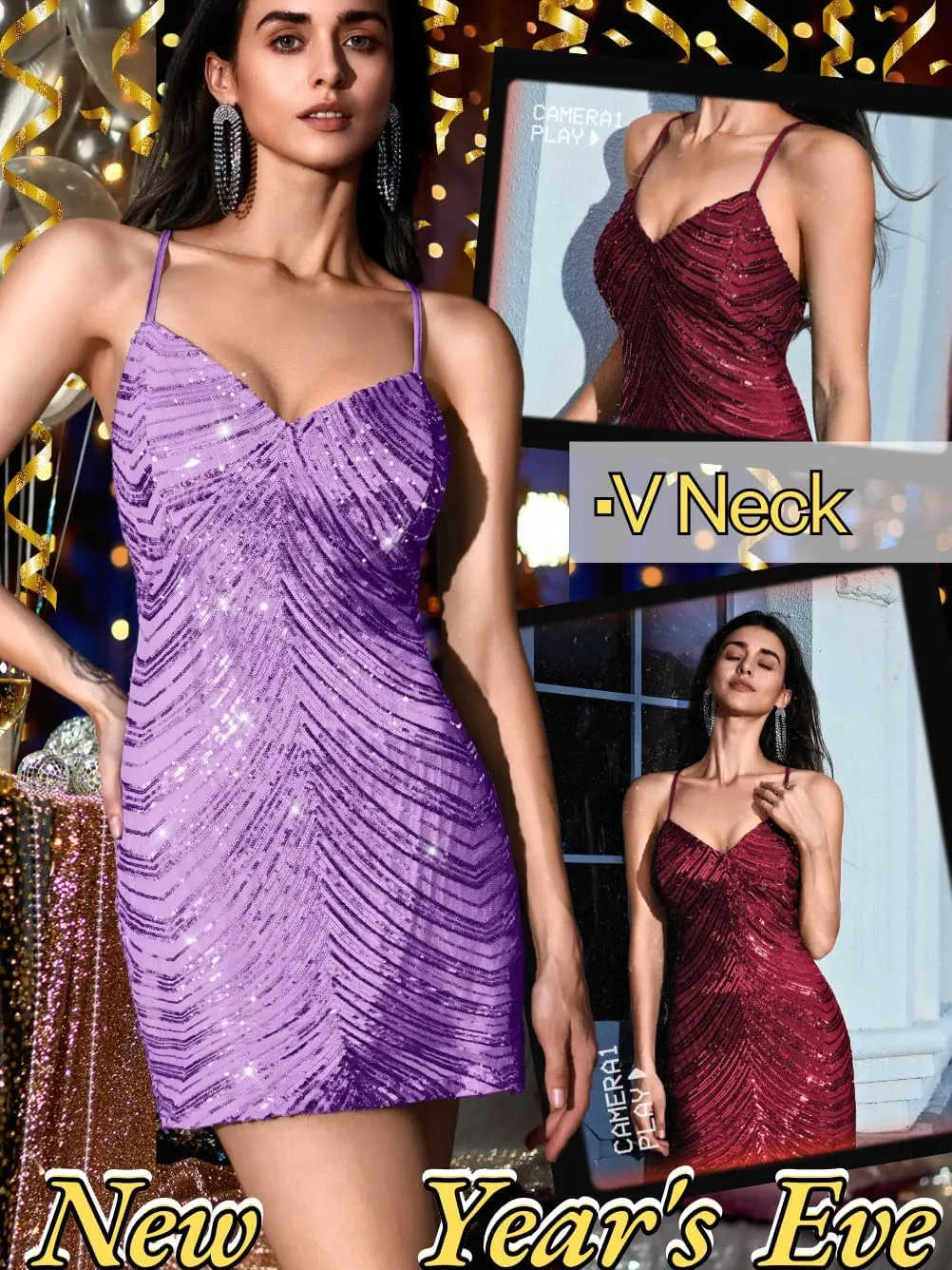 Kaei&Shi Sequin Mini Dress,V Neck Spaghetti Strap Sparkly Prom Dresses for Women,Sexy Birthday Outfit HOCO Cocktail Nye Party