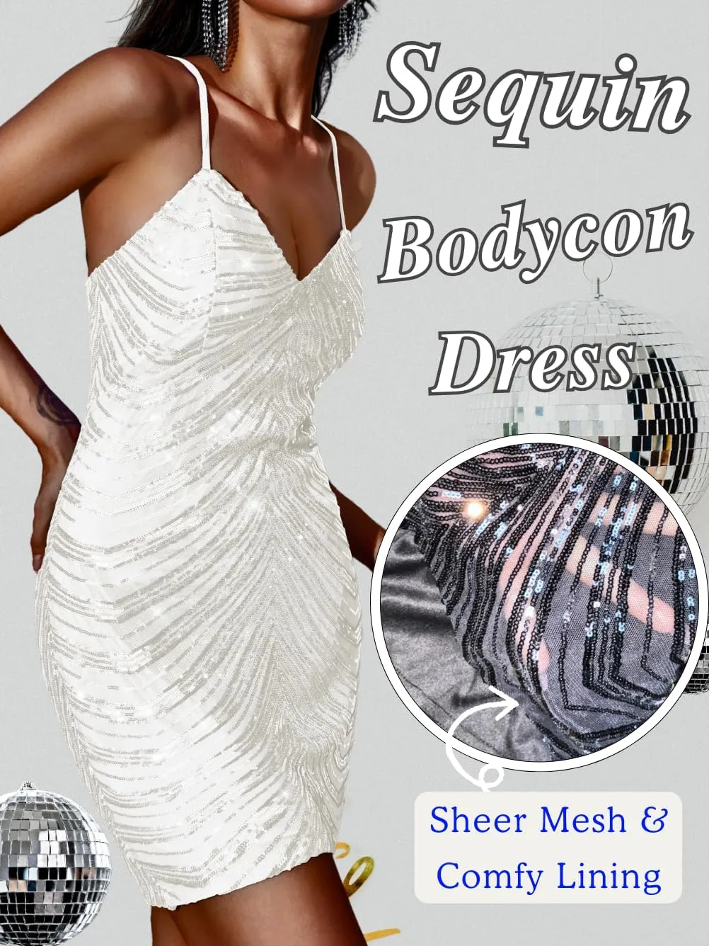 Kaei&Shi Sequin Mini Dress,V Neck Spaghetti Strap Sparkly Prom Dresses for Women,Sexy Birthday Outfit HOCO Cocktail Nye Party