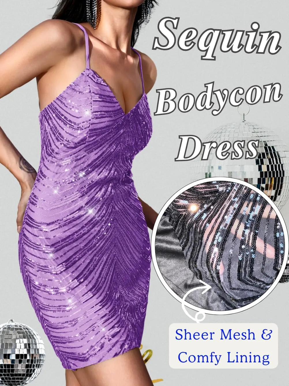 Kaei&Shi Sequin Mini Dress,V Neck Spaghetti Strap Sparkly Prom Dresses for Women,Sexy Birthday Outfit HOCO Cocktail Nye Party