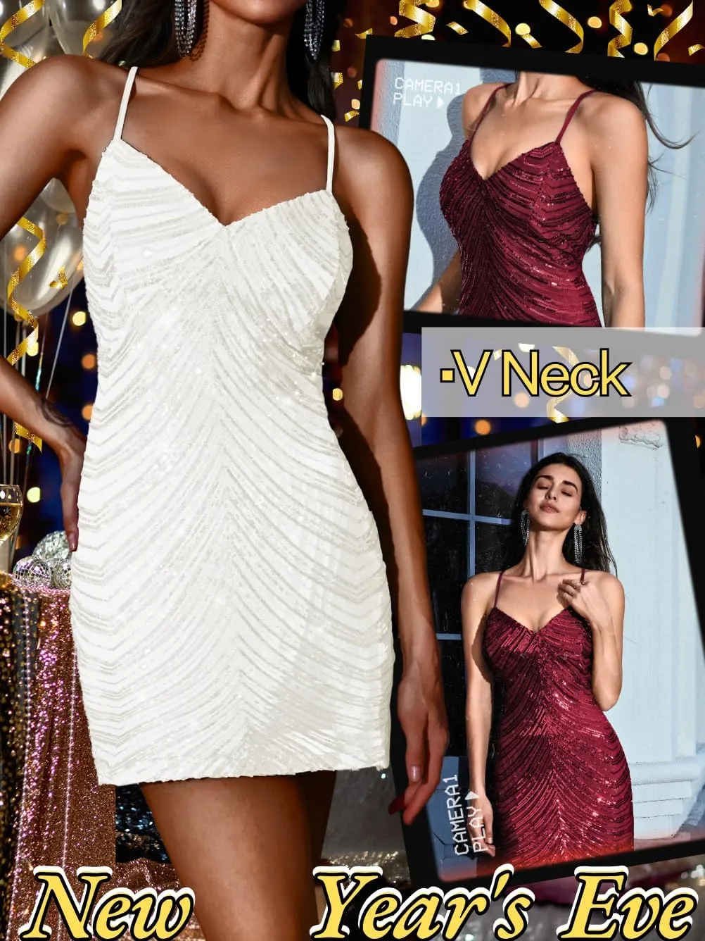 Kaei&Shi Sequin Mini Dress,V Neck Spaghetti Strap Sparkly Prom Dresses for Women,Sexy Birthday Outfit HOCO Cocktail Nye Party
