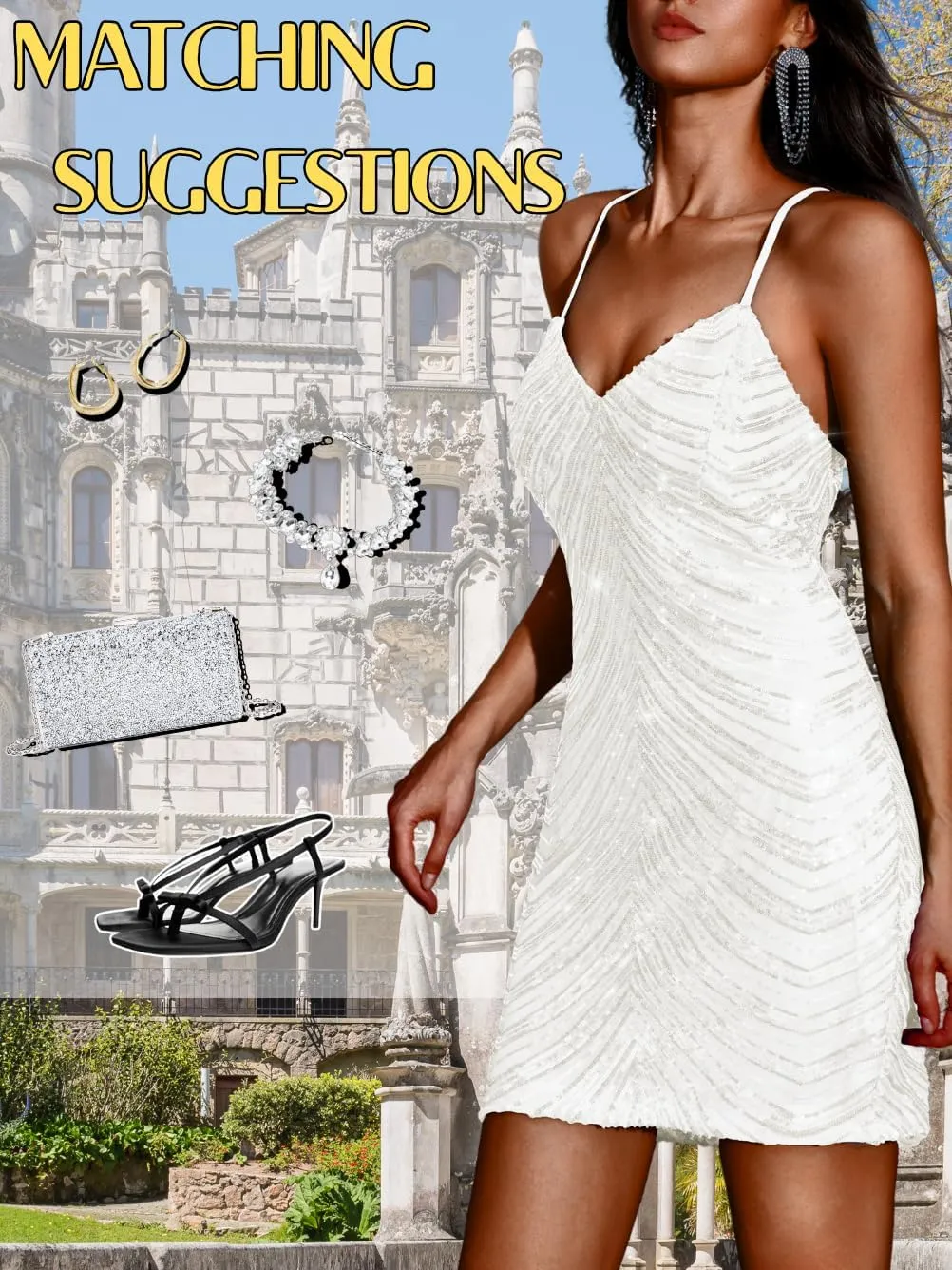 Kaei&Shi Sequin Mini Dress,V Neck Spaghetti Strap Sparkly Prom Dresses for Women,Sexy Birthday Outfit HOCO Cocktail Nye Party