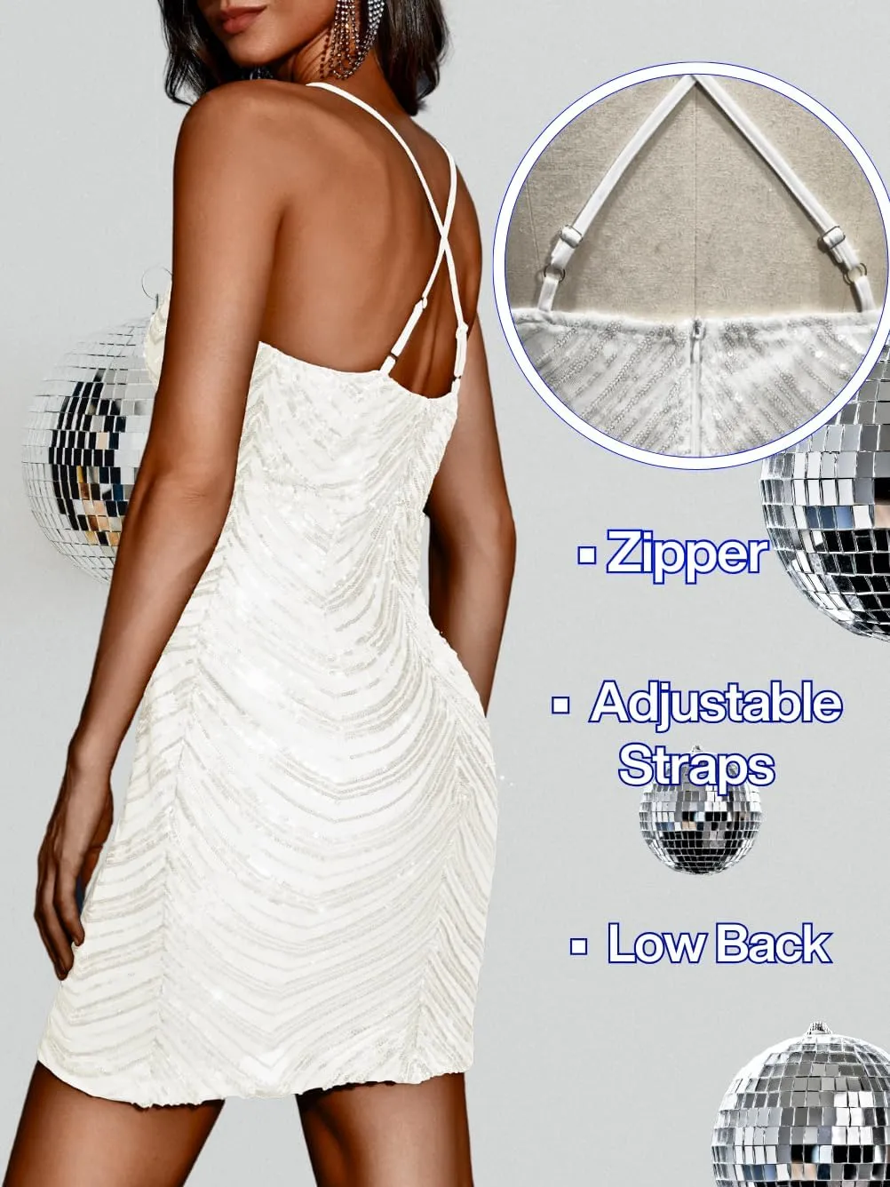 Kaei&Shi Sequin Mini Dress,V Neck Spaghetti Strap Sparkly Prom Dresses for Women,Sexy Birthday Outfit HOCO Cocktail Nye Party