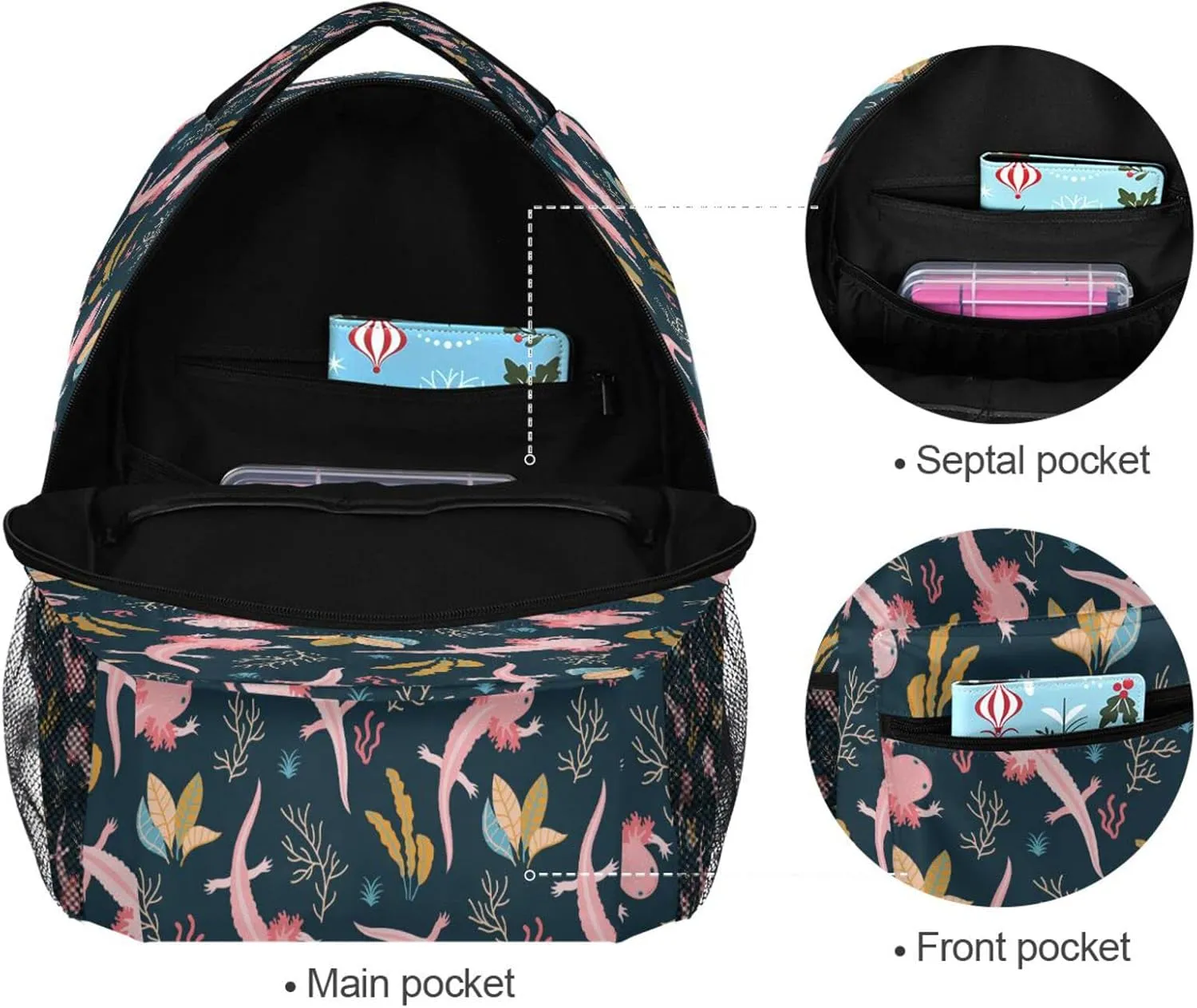 Kcldeci Kids Backpack for Girls Boys Nautical Axolotl Sea Weed School Backpack Travel Toddler School Bag Backpacks Student Kids School Bags