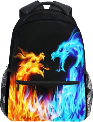 Kcldeci Red Blue Fire Dragon School Backpack Galaxy Teens Girls Boys Kids Bookbag, Monster Animal Water Resistant Elementary Travel Computer Daypack for Age 4-12 Years