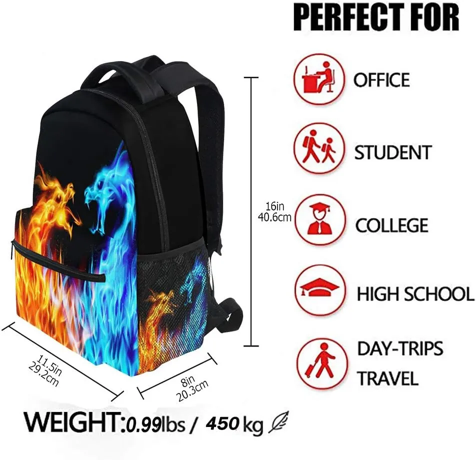Kcldeci Red Blue Fire Dragon School Backpack Galaxy Teens Girls Boys Kids Bookbag, Monster Animal Water Resistant Elementary Travel Computer Daypack for Age 4-12 Years