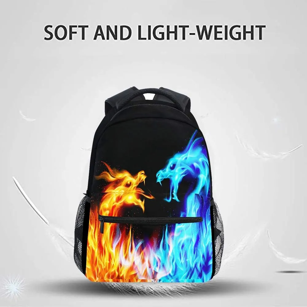 Kcldeci Red Blue Fire Dragon School Backpack Galaxy Teens Girls Boys Kids Bookbag, Monster Animal Water Resistant Elementary Travel Computer Daypack for Age 4-12 Years