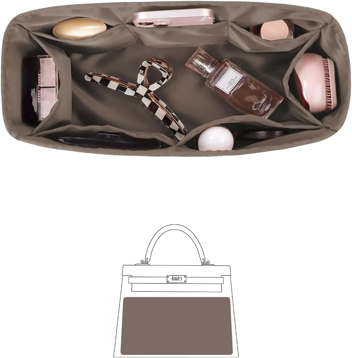 Kelly 25 Bag Insert, Silky Purse Organizers for Inside Purse, Lightweight Shaper Compatible with Hermes Kelly 25 Bag, Multi Color Options(Etoupe grey, KE 25)
