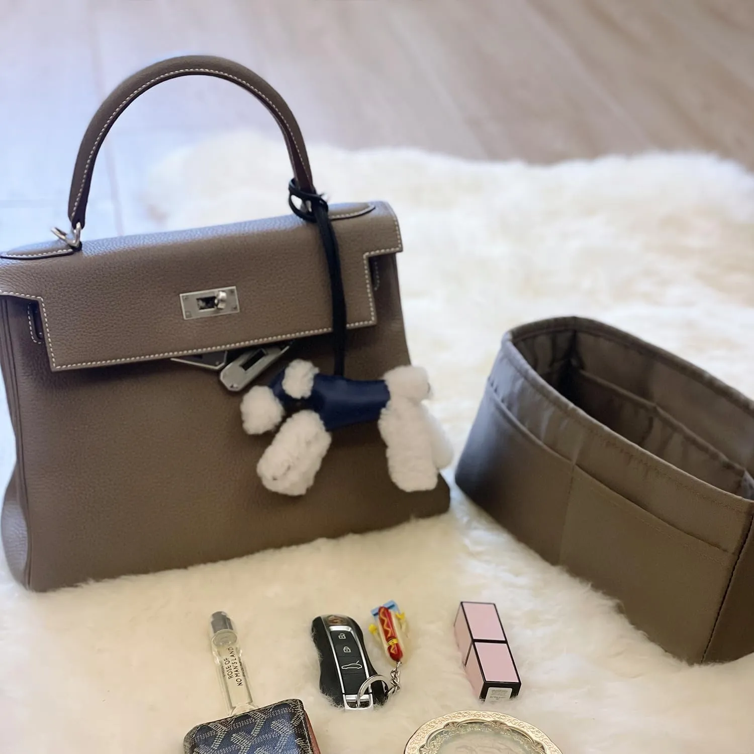 Kelly 25 Bag Insert, Silky Purse Organizers for Inside Purse, Lightweight Shaper Compatible with Hermes Kelly 25 Bag, Multi Color Options(Etoupe grey, KE 25)