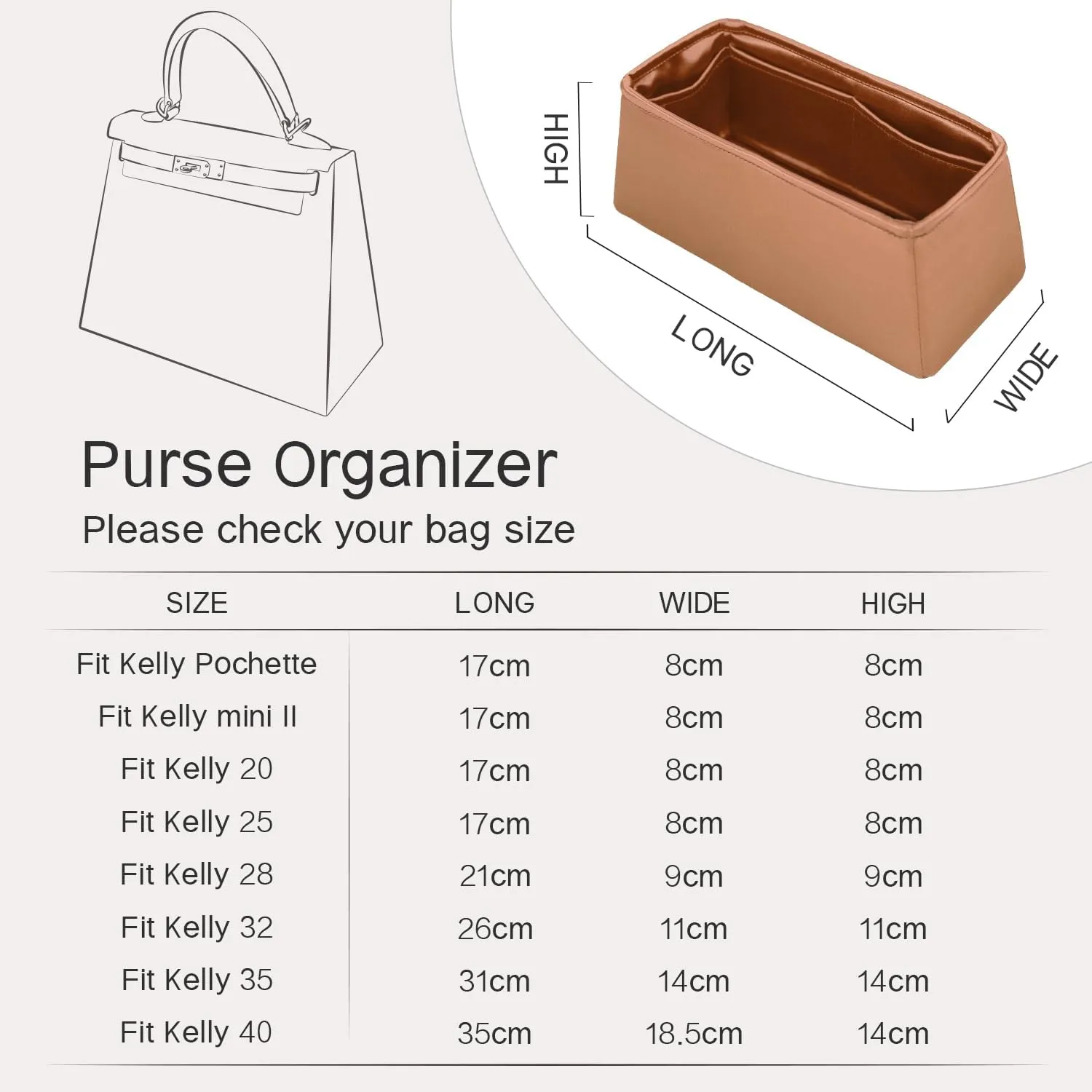 Kelly 28 Bag Organizer, Purse Organizer Insert Compatible with Hermes Kelly Bag, Lightweight and Silky Smooth, Bag Insert for Kelly 28 (Gold, KL28)