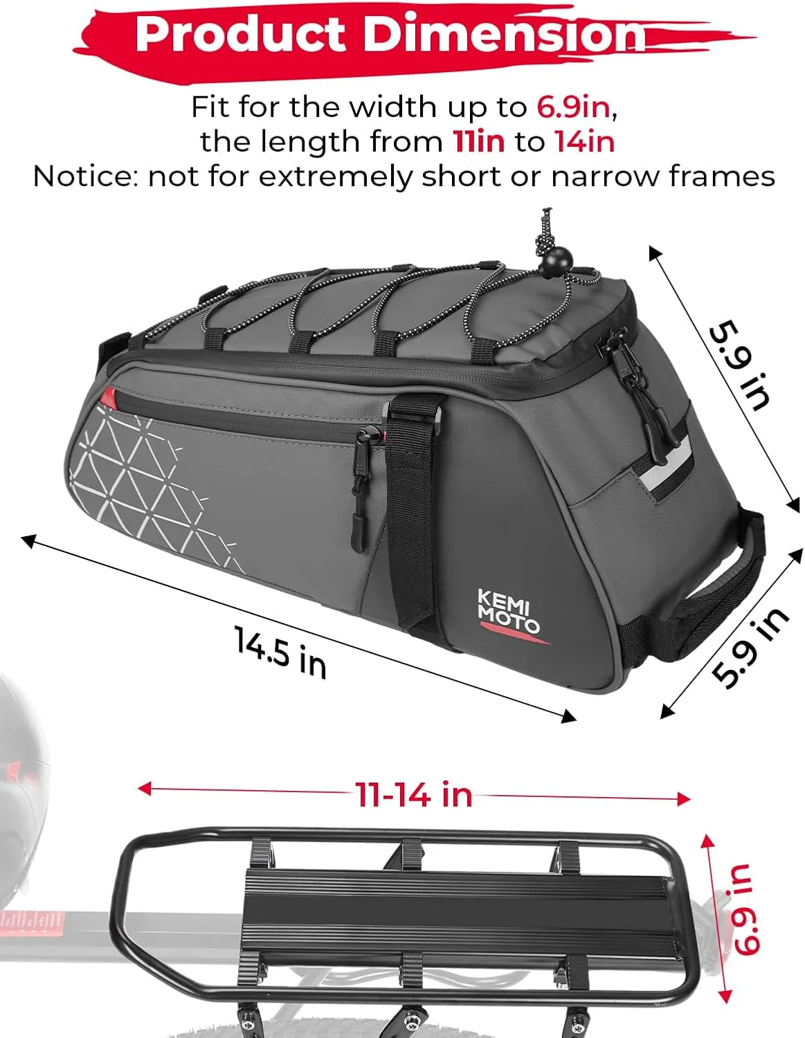 KEMIMOTO Rear Bike Rack Bag - 8L PVC Water Resistant Ebike Bags for Bicycle Rear Rack, Bicycle Trunk Pannier for Commuter Travel Shopping and Cycling (Grey)