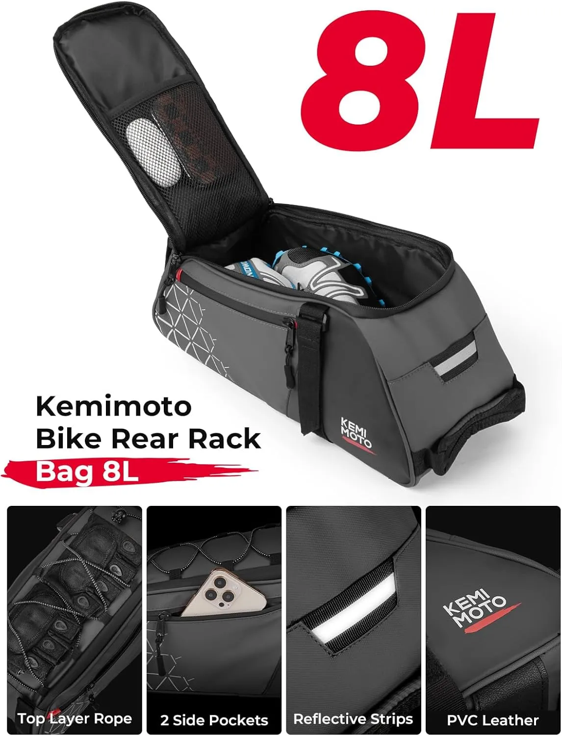 KEMIMOTO Rear Bike Rack Bag - 8L PVC Water Resistant Ebike Bags for Bicycle Rear Rack, Bicycle Trunk Pannier for Commuter Travel Shopping and Cycling (Grey)
