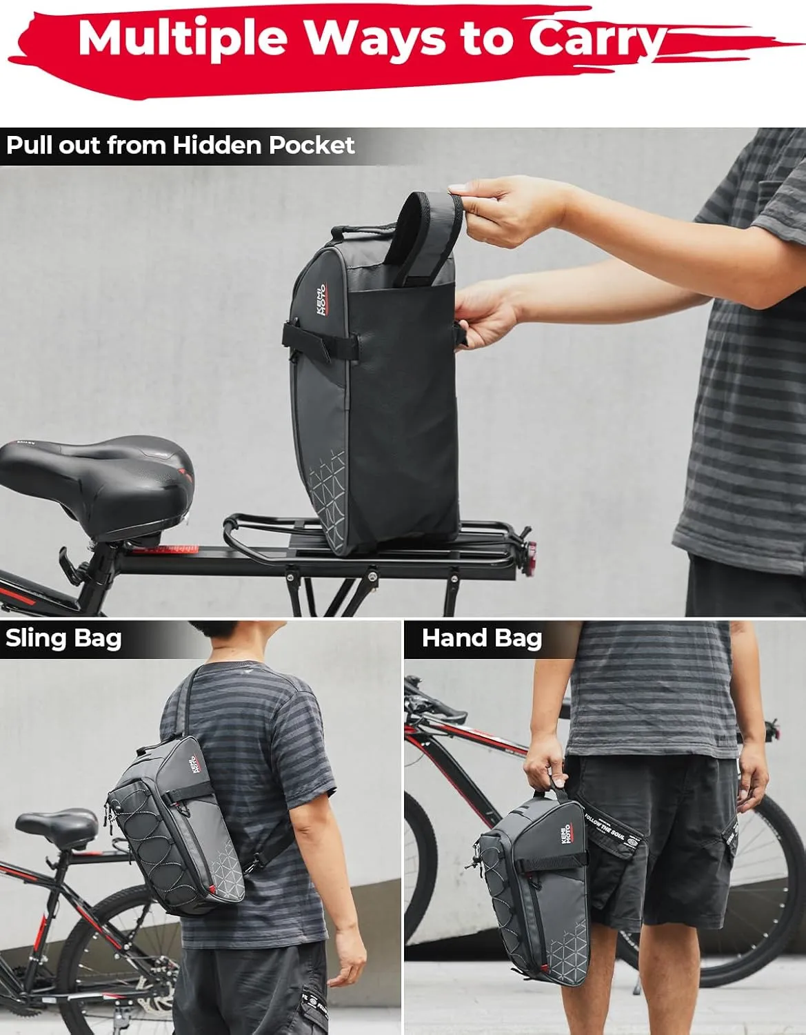 KEMIMOTO Rear Bike Rack Bag - 8L PVC Water Resistant Ebike Bags for Bicycle Rear Rack, Bicycle Trunk Pannier for Commuter Travel Shopping and Cycling (Grey)