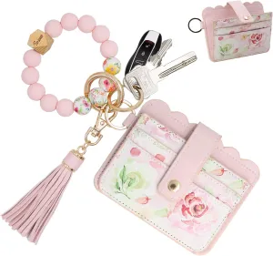 Keychain Wallet Wristlet Small Credit Card Holder Bracelet Key Chain Purse Bangle Tassel Beads Key Rings for Women