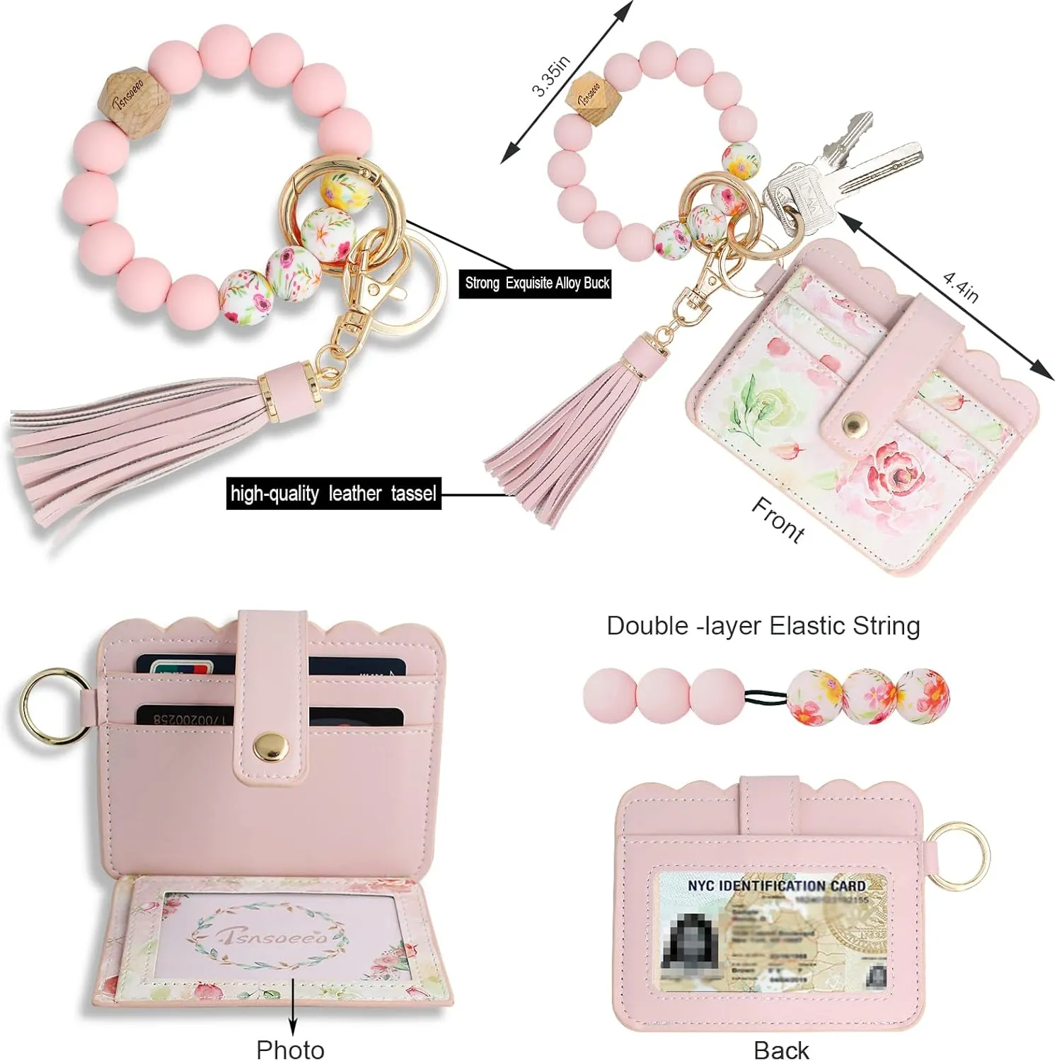 Keychain Wallet Wristlet Small Credit Card Holder Bracelet Key Chain Purse Bangle Tassel Beads Key Rings for Women